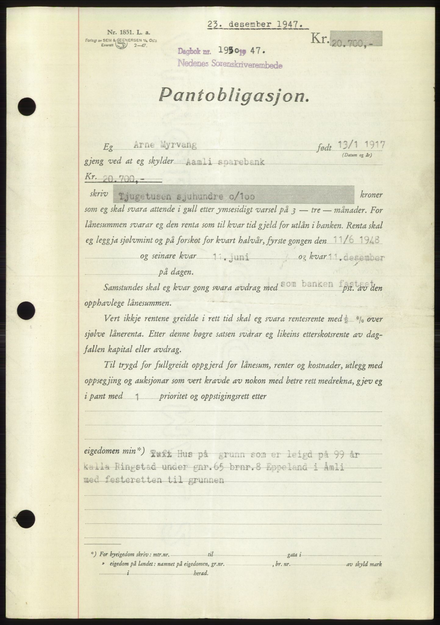 Nedenes sorenskriveri, SAK/1221-0006/G/Gb/Gbb/L0004: Pantebok nr. B4, 1947-1947, Dagboknr: 1950/1947