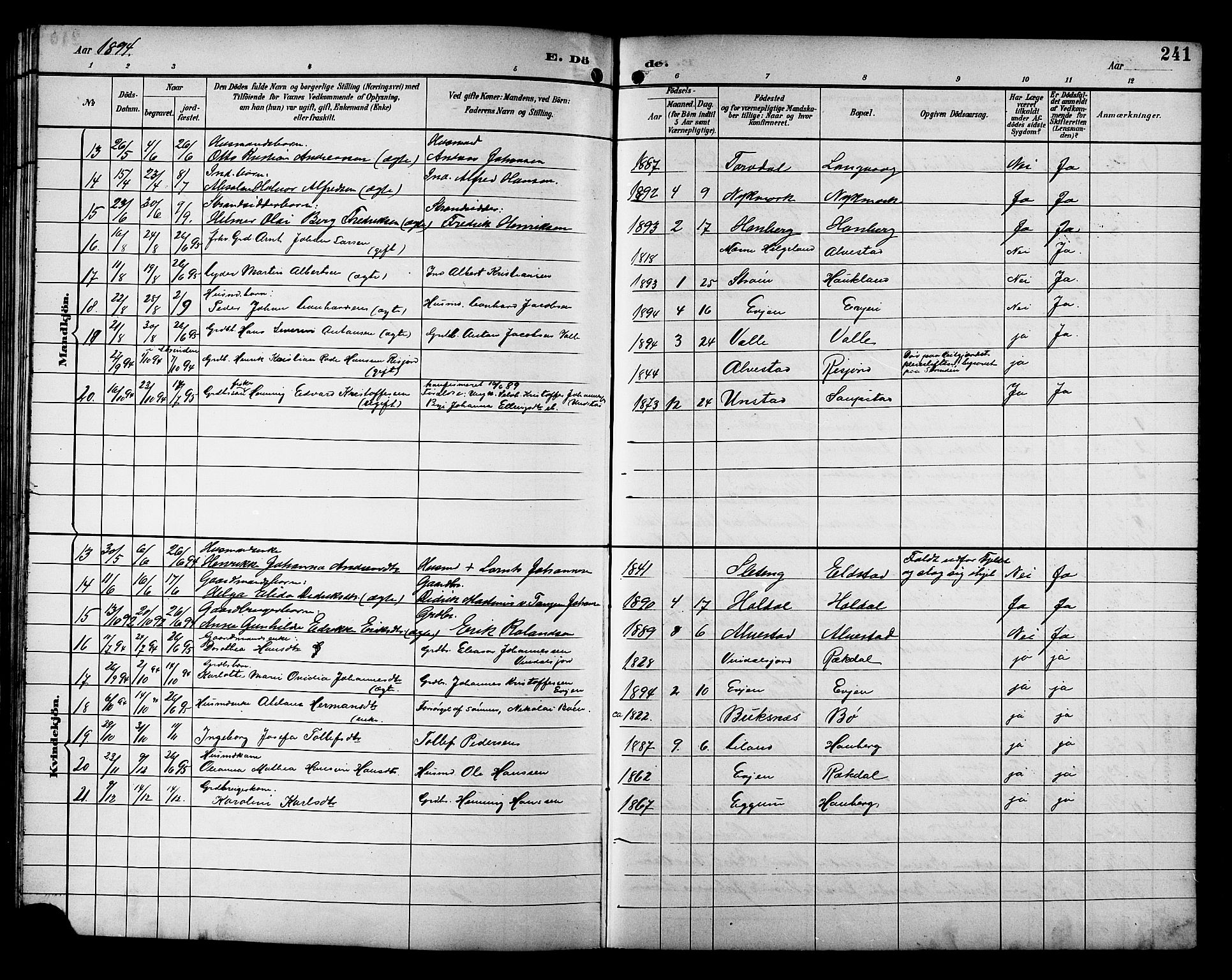 Ministerialprotokoller, klokkerbøker og fødselsregistre - Nordland, AV/SAT-A-1459/880/L1141: Klokkerbok nr. 880C03, 1893-1928, s. 241