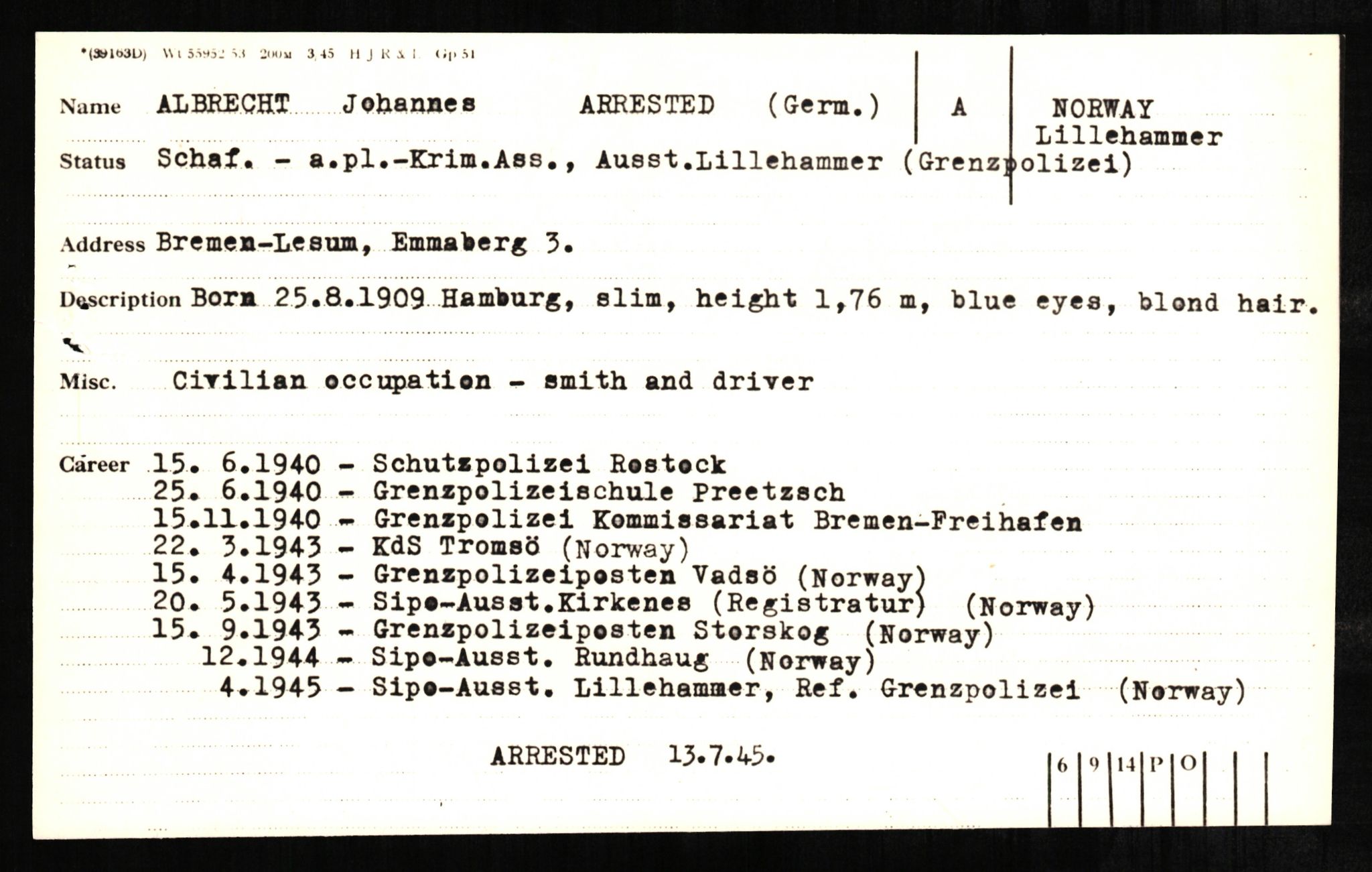 Forsvaret, Forsvarets overkommando II, AV/RA-RAFA-3915/D/Db/L0001: CI Questionaires. Tyske okkupasjonsstyrker i Norge. Tyskere., 1945-1946, s. 145