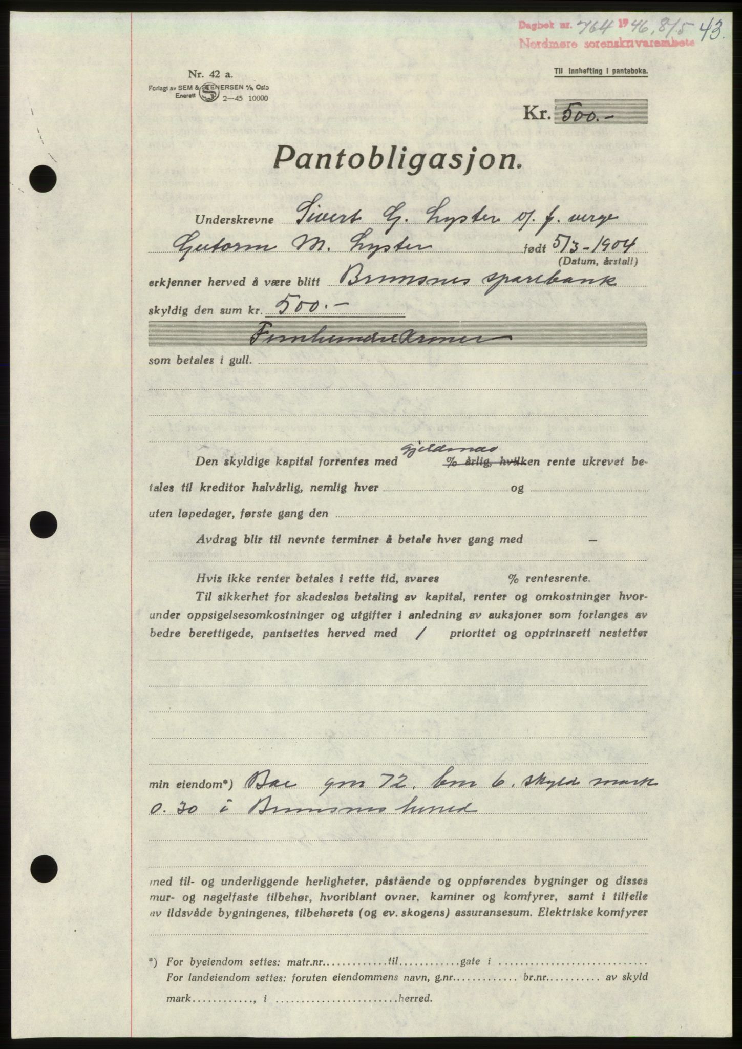 Nordmøre sorenskriveri, SAT/A-4132/1/2/2Ca: Pantebok nr. B94, 1946-1946, Dagboknr: 764/1946
