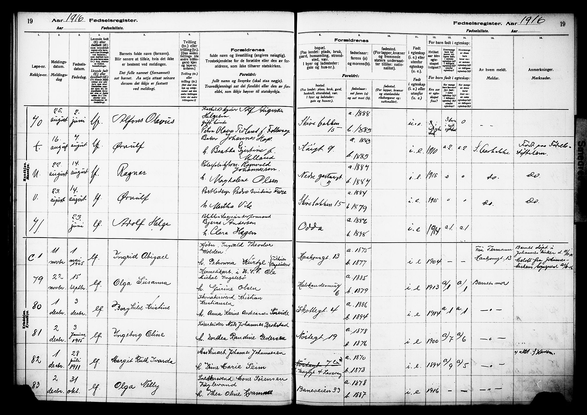 Domkirken sokneprestembete, AV/SAB-A-74801/I/Id/L00A1: Fødselsregister nr. A 1, 1916-1923, s. 19