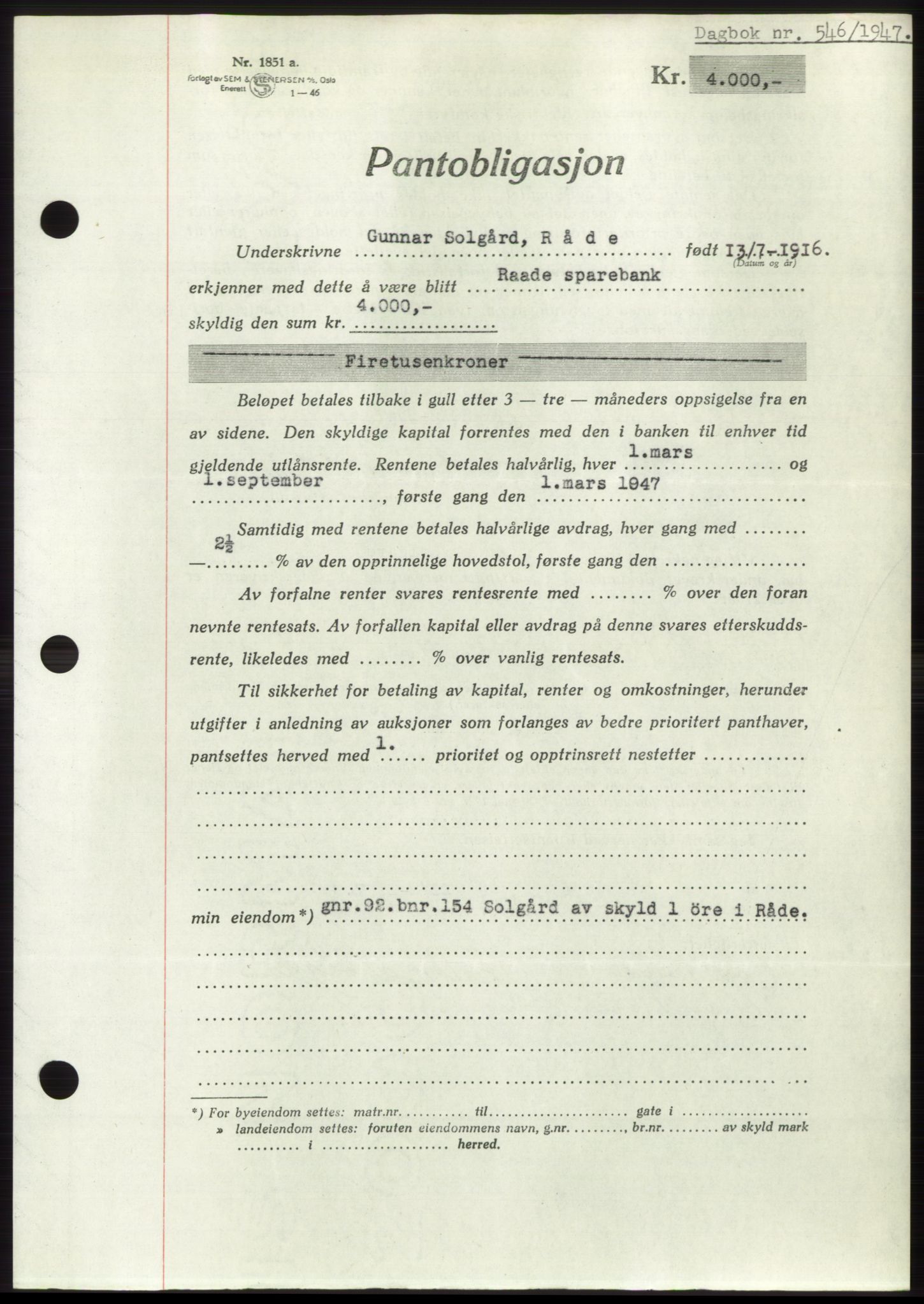 Moss sorenskriveri, SAO/A-10168: Pantebok nr. B16, 1946-1947, Dagboknr: 546/1947