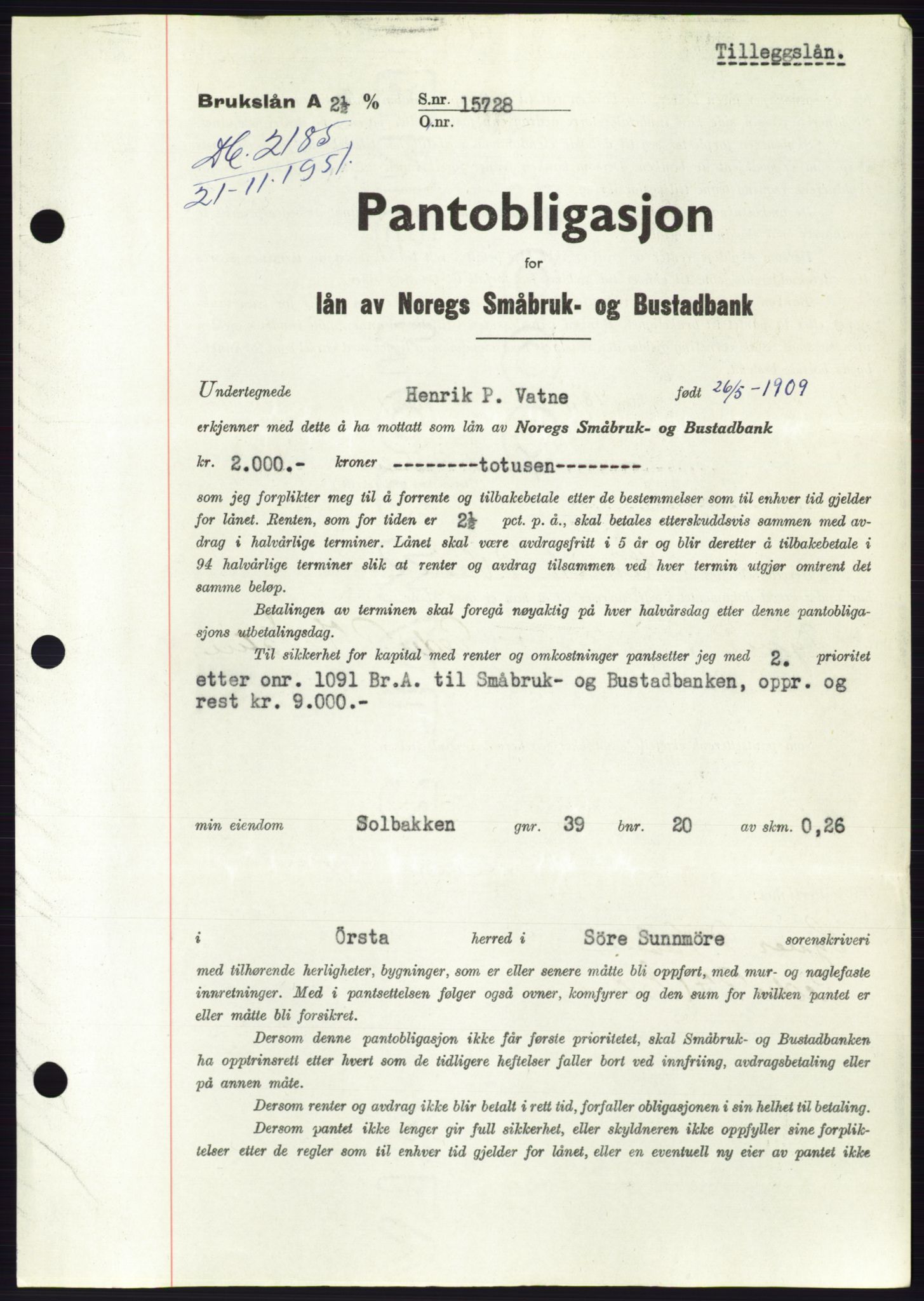 Søre Sunnmøre sorenskriveri, SAT/A-4122/1/2/2C/L0120: Pantebok nr. 8B, 1951-1951, Dagboknr: 2185/1951