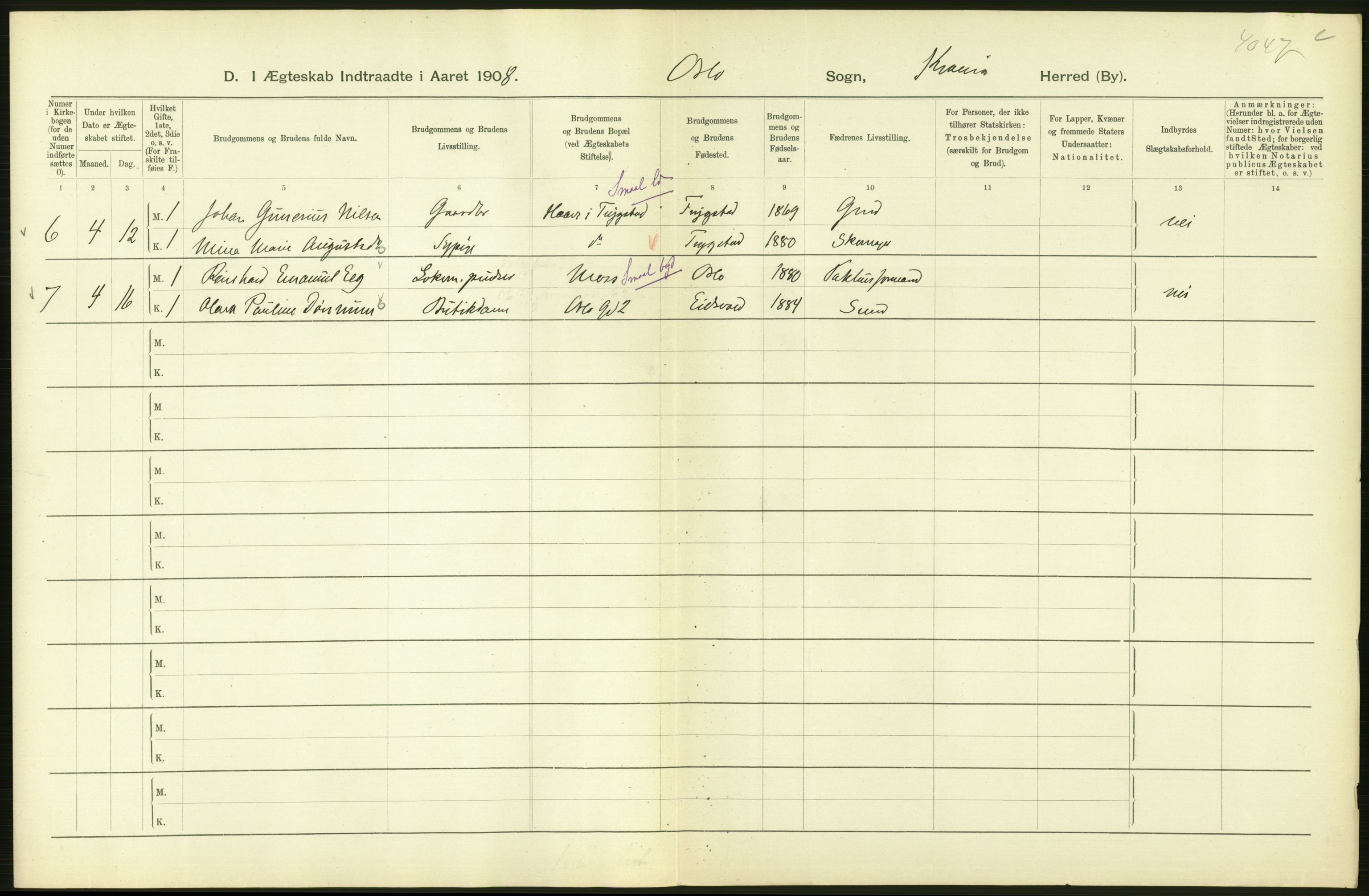 Statistisk sentralbyrå, Sosiodemografiske emner, Befolkning, AV/RA-S-2228/D/Df/Dfa/Dfaf/L0007: Kristiania: Gifte, 1908, s. 228