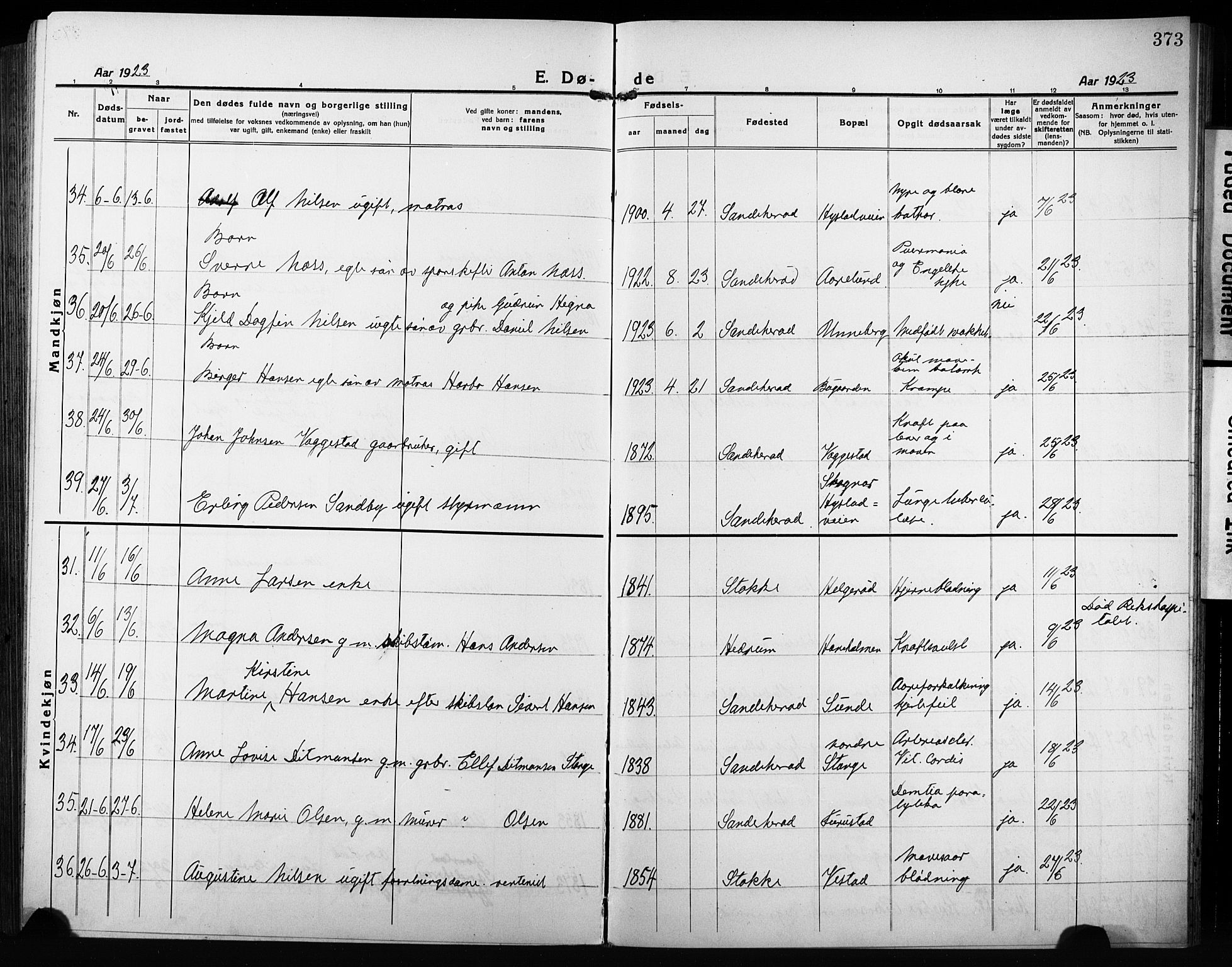 Sandar kirkebøker, AV/SAKO-A-243/G/Ga/L0004: Klokkerbok nr. 4, 1922-1932, s. 373