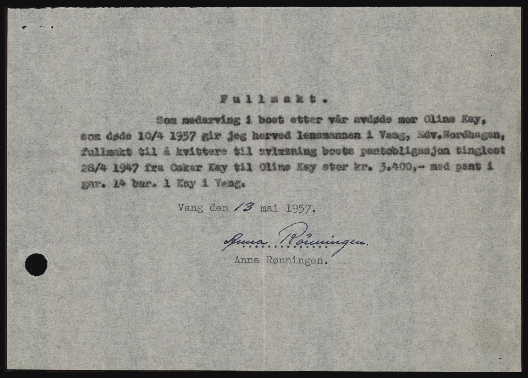 Nord-Hedmark sorenskriveri, SAH/TING-012/H/Hc/L0011: Pantebok nr. 11, 1956-1957, Dagboknr: 1376/1957