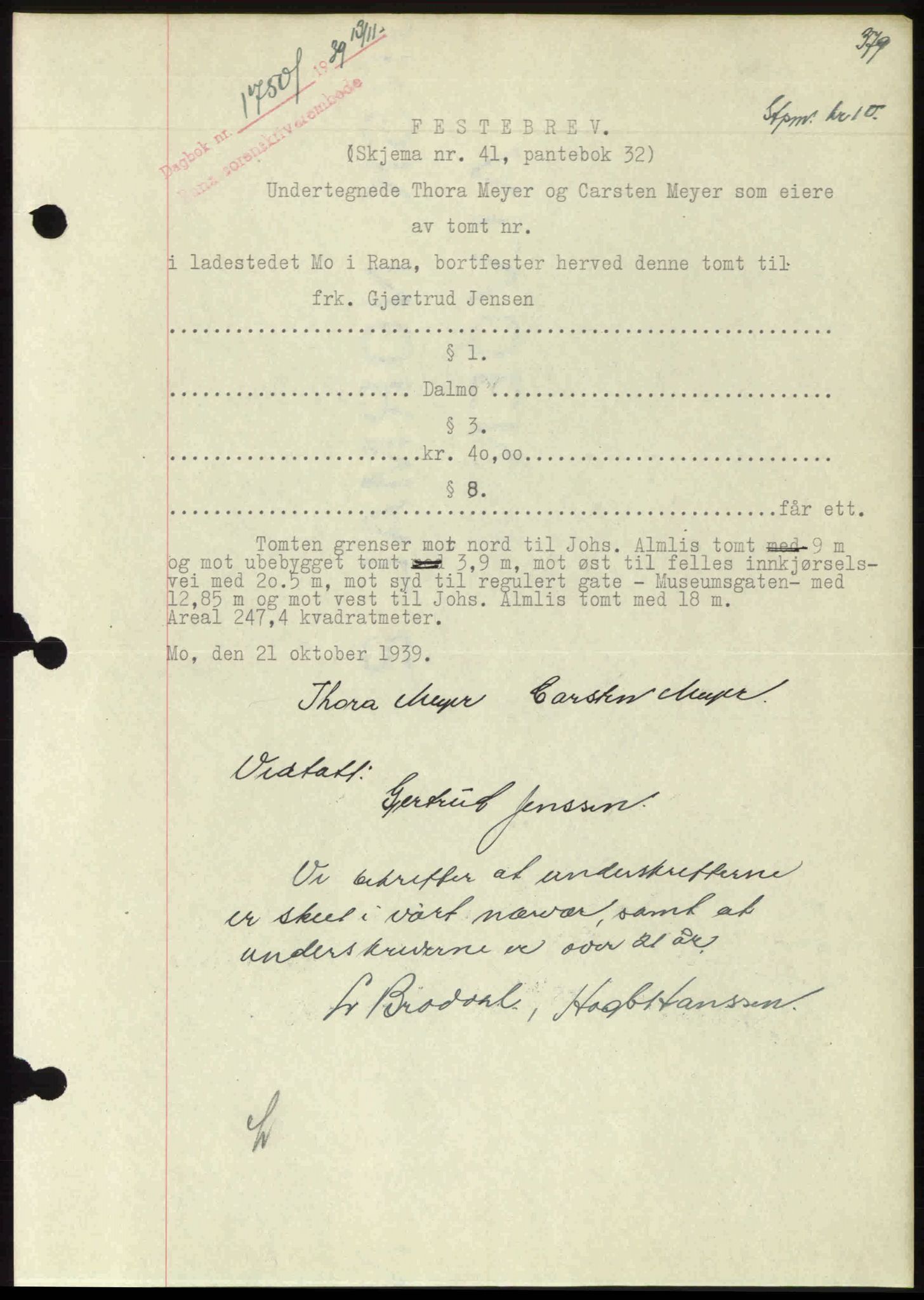 Rana sorenskriveri , AV/SAT-A-1108/1/2/2C: Pantebok nr. A 6, 1939-1940, Dagboknr: 1750/1939