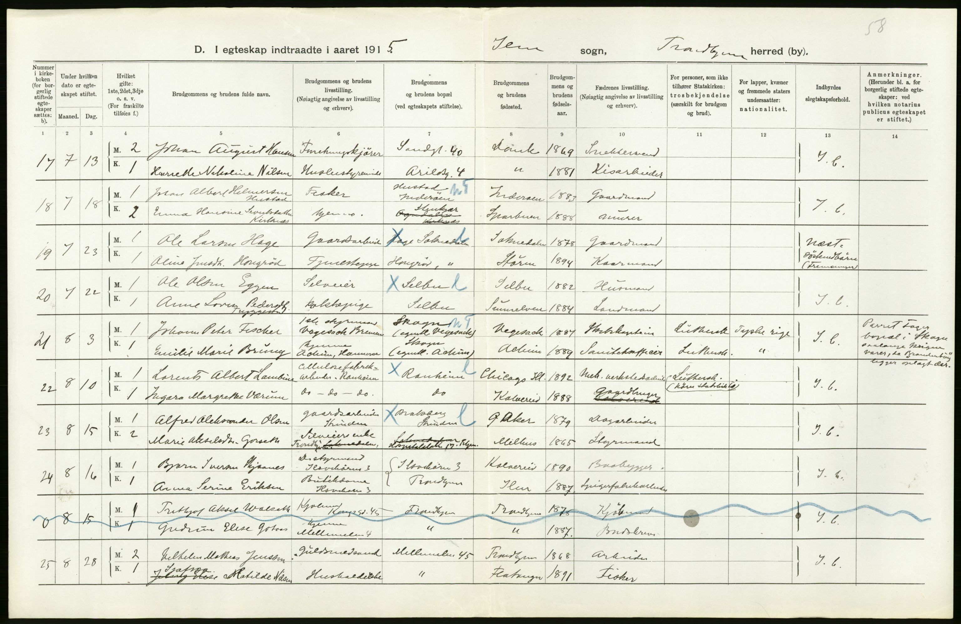 Statistisk sentralbyrå, Sosiodemografiske emner, Befolkning, AV/RA-S-2228/D/Df/Dfb/Dfbe/L0044: Trondhjem: Gifte, døde, dødfødte., 1915, s. 8