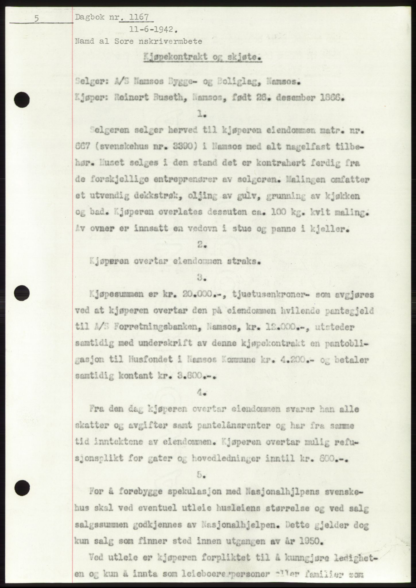 Namdal sorenskriveri, SAT/A-4133/1/2/2C: Pantebok nr. -, 1941-1942, Dagboknr: 1167/1942