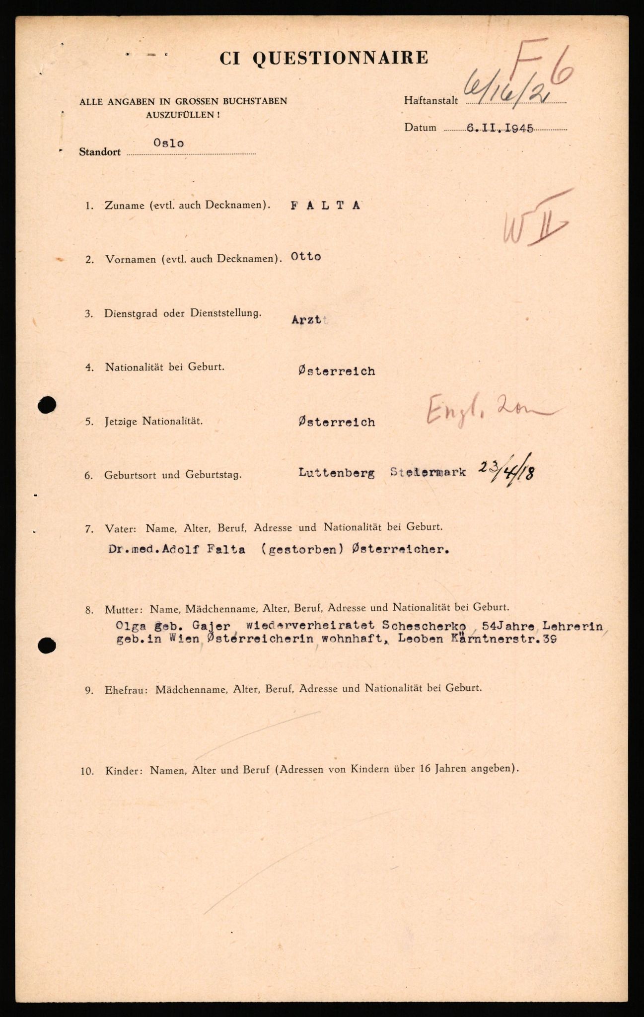 Forsvaret, Forsvarets overkommando II, AV/RA-RAFA-3915/D/Db/L0038: CI Questionaires. Tyske okkupasjonsstyrker i Norge. Østerrikere., 1945-1946, s. 278