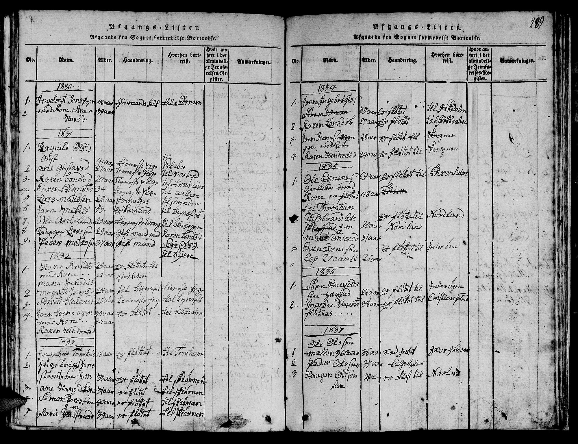 Ministerialprotokoller, klokkerbøker og fødselsregistre - Sør-Trøndelag, AV/SAT-A-1456/613/L0393: Klokkerbok nr. 613C01, 1816-1886, s. 289