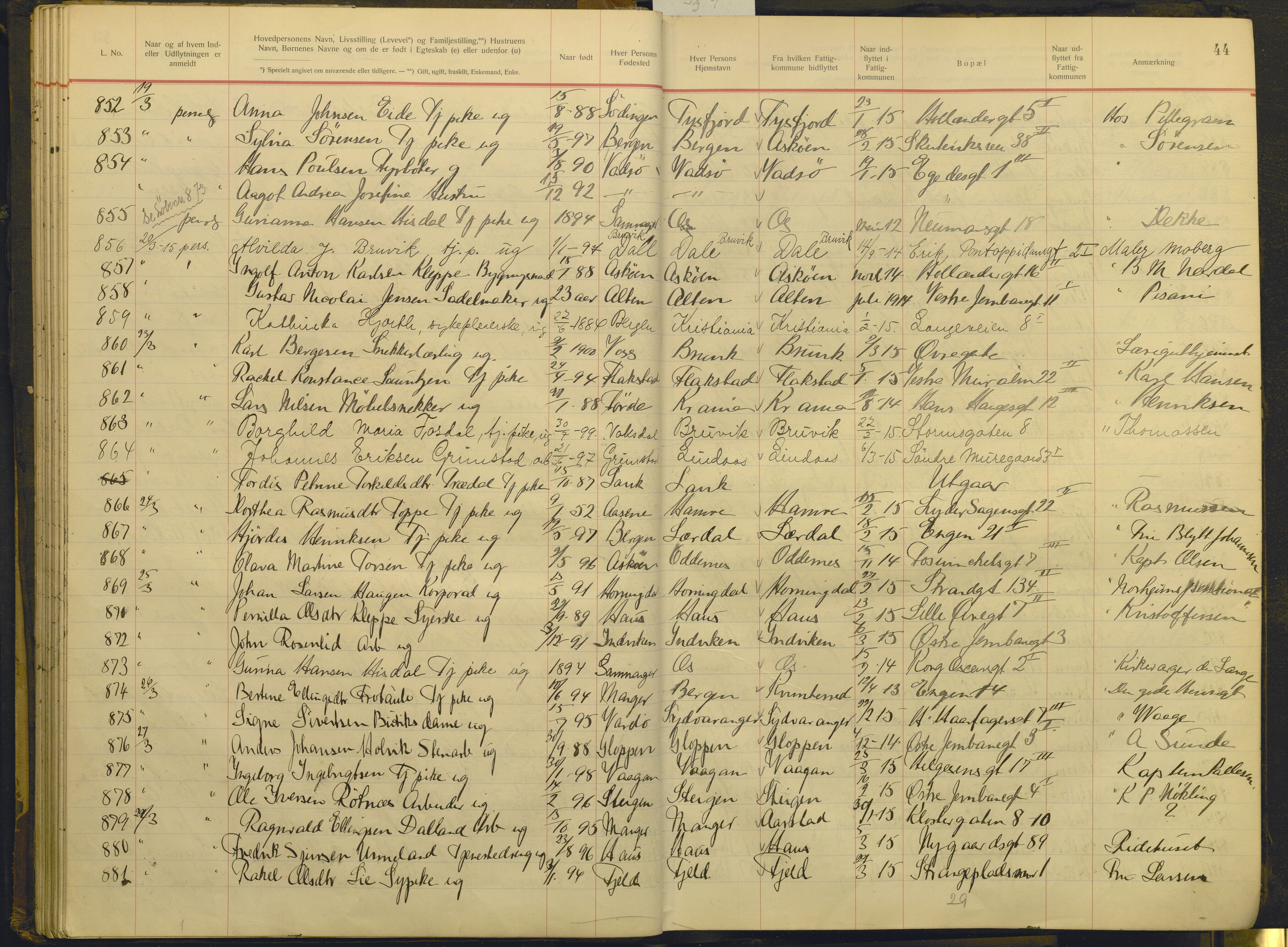 Bergen politikammer / politidistrikt, AV/SAB-A-60401/J.g/L0009: Protokoll over innflyttede, 1914-1917, s. 44