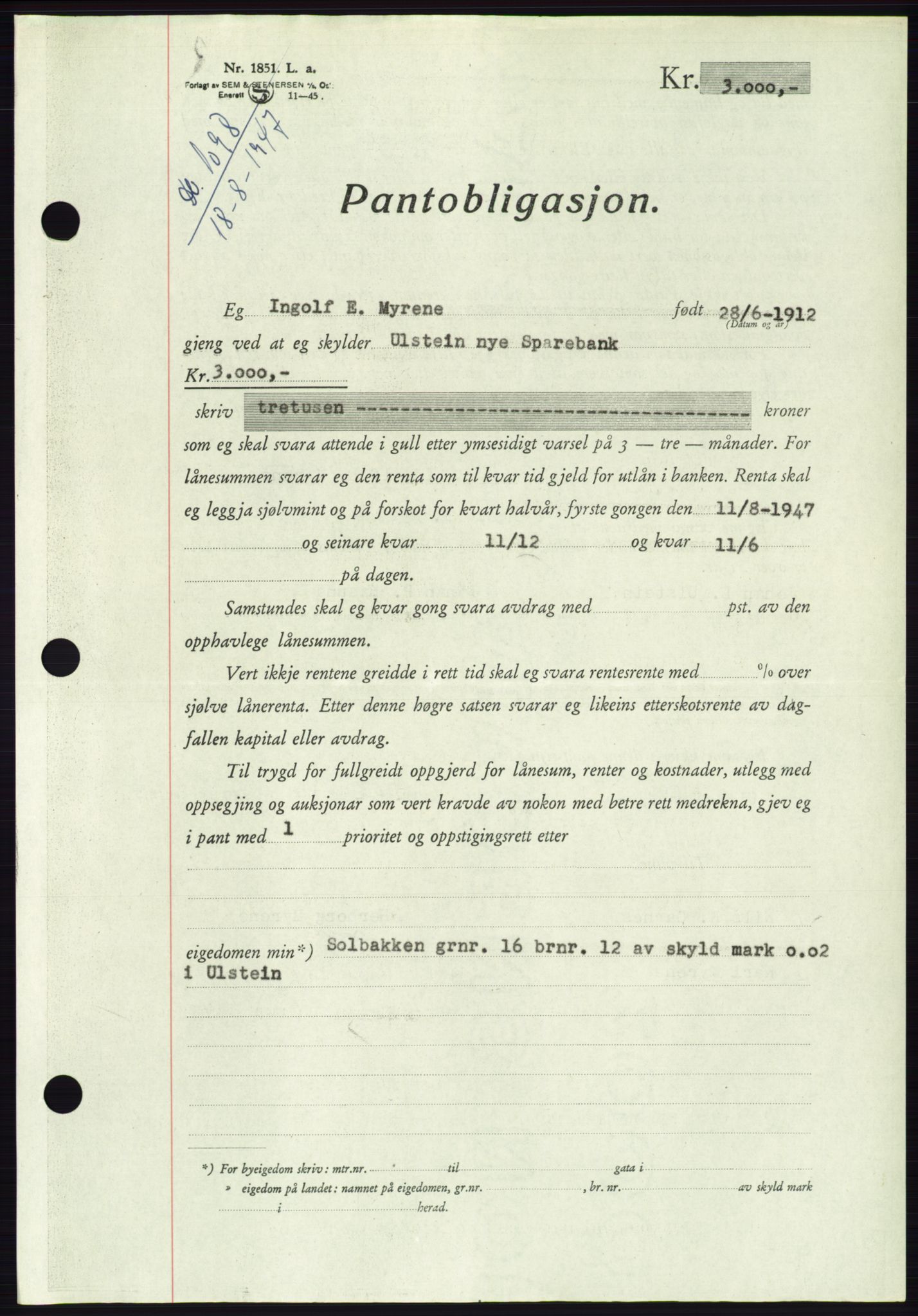 Søre Sunnmøre sorenskriveri, AV/SAT-A-4122/1/2/2C/L0115: Pantebok nr. 3B, 1947-1948, Dagboknr: 1098/1947
