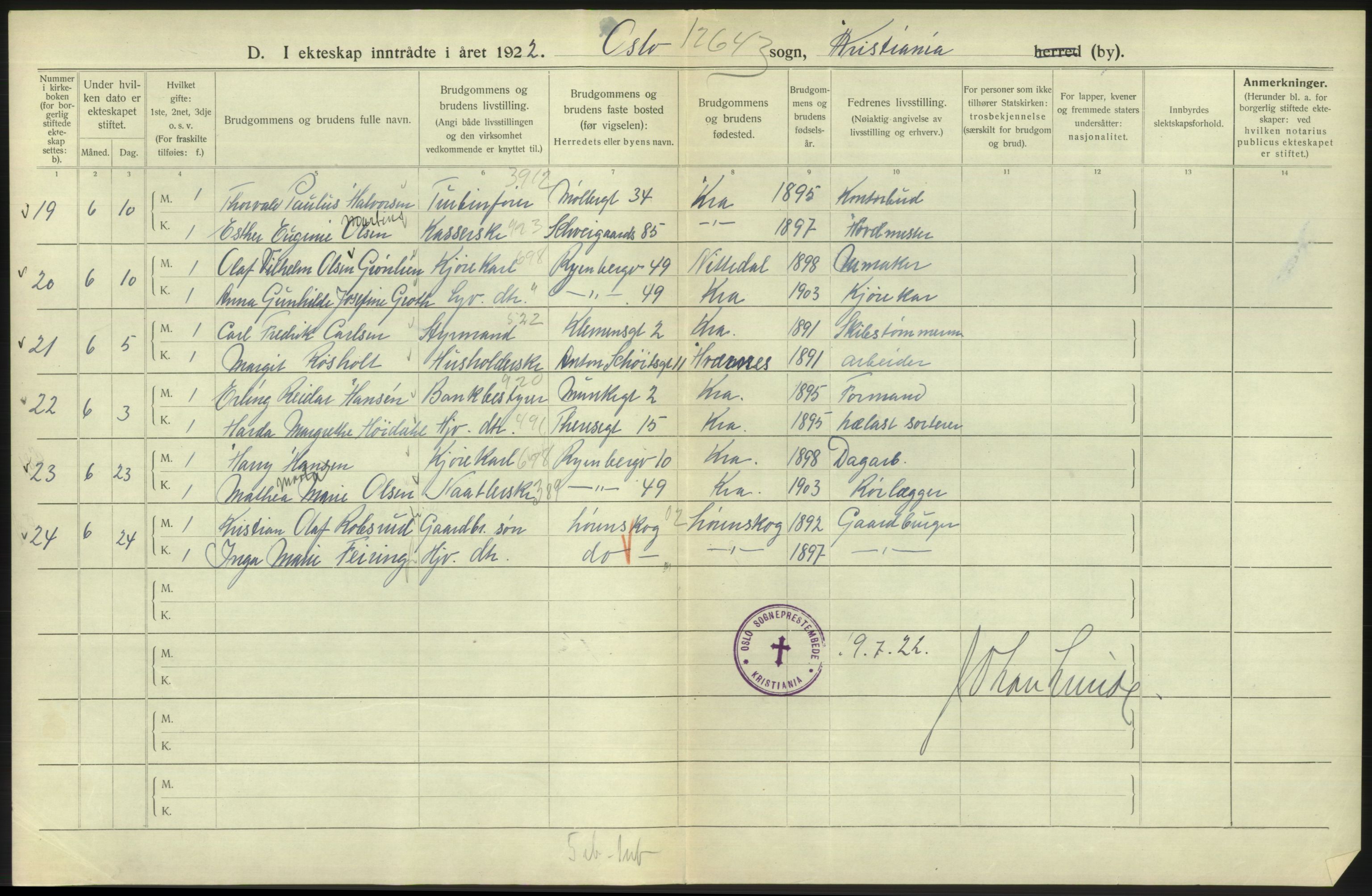 Statistisk sentralbyrå, Sosiodemografiske emner, Befolkning, AV/RA-S-2228/D/Df/Dfc/Dfcb/L0008: Kristiania: Gifte, 1922, s. 832