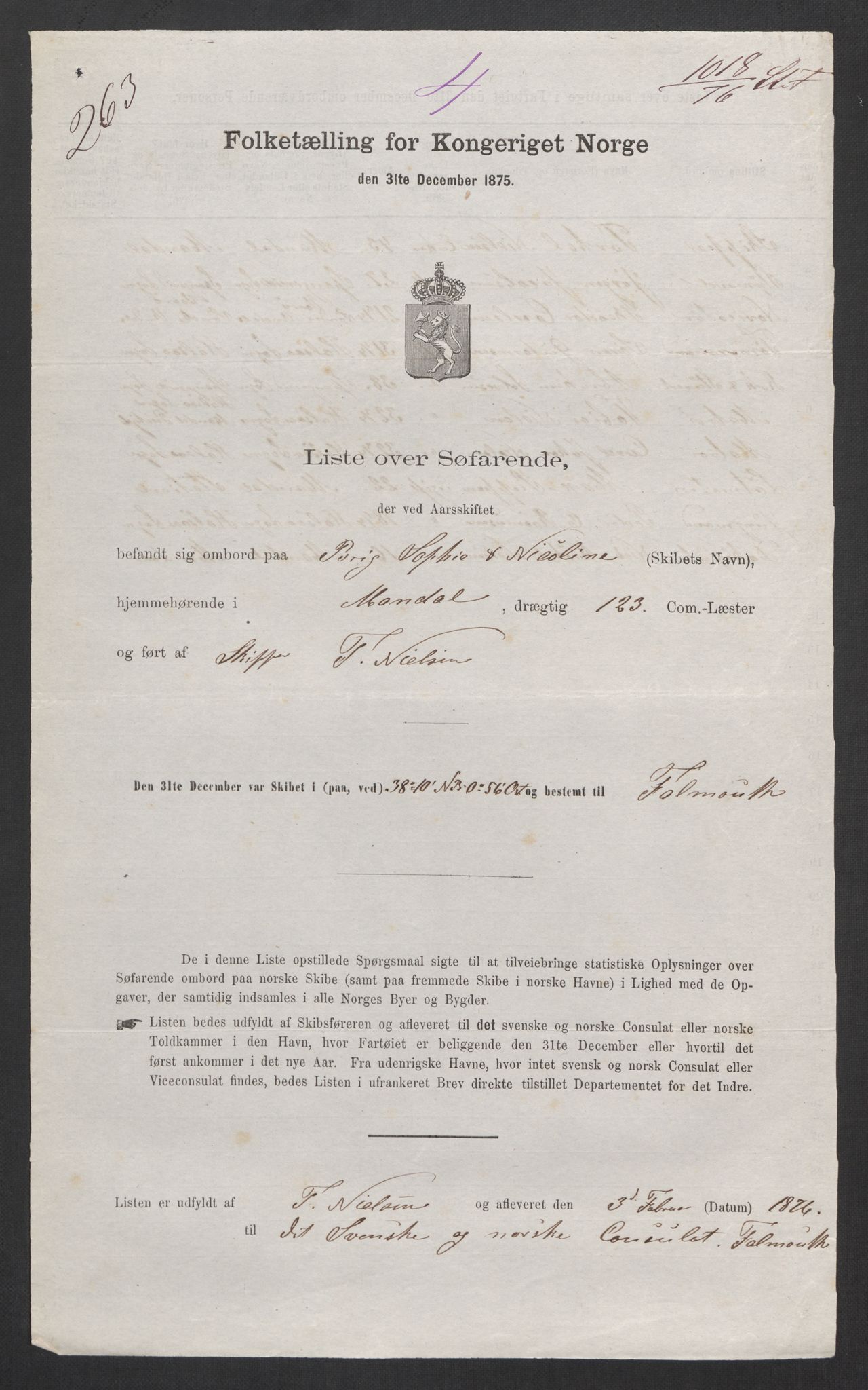 RA, Folketelling 1875, skipslister: Skip i utenrikske havner, hjemmehørende i 1) byer og ladesteder, Grimstad - Tromsø, 2) landdistrikter, 1875, s. 337