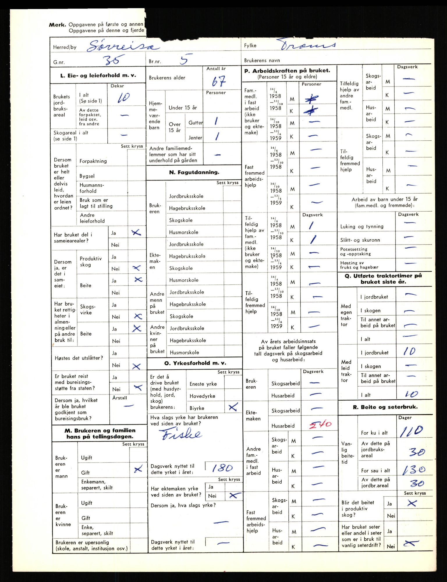 Statistisk sentralbyrå, Næringsøkonomiske emner, Jordbruk, skogbruk, jakt, fiske og fangst, AV/RA-S-2234/G/Gd/L0656: Troms: 1924 Målselv (kl. 0-3) og 1925 Sørreisa, 1959, s. 1357