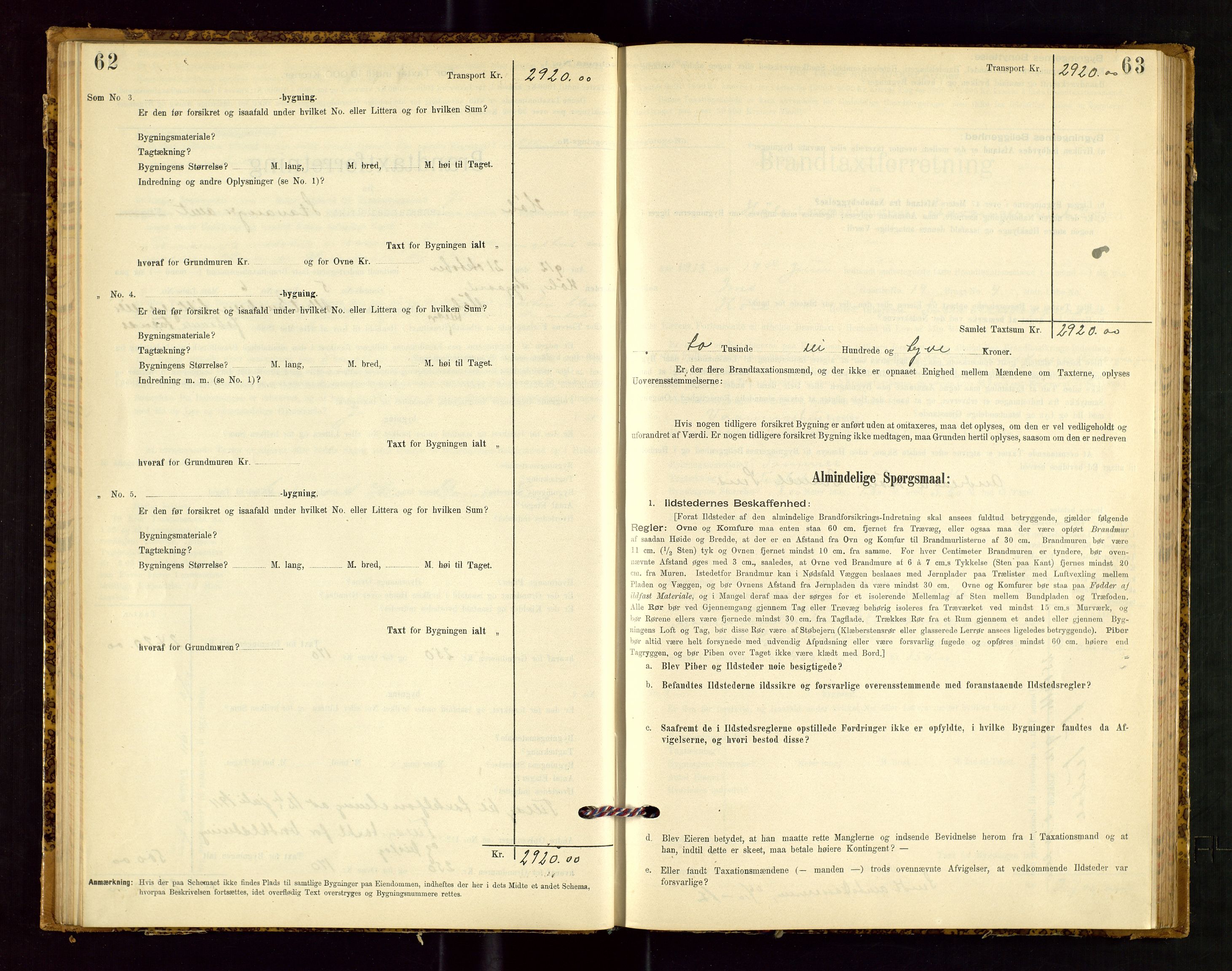 Høle og Forsand lensmannskontor, SAST/A-100127/Gob/L0001: "Brandtaxtprotokol" - skjematakst, 1897-1940, s. 62-63