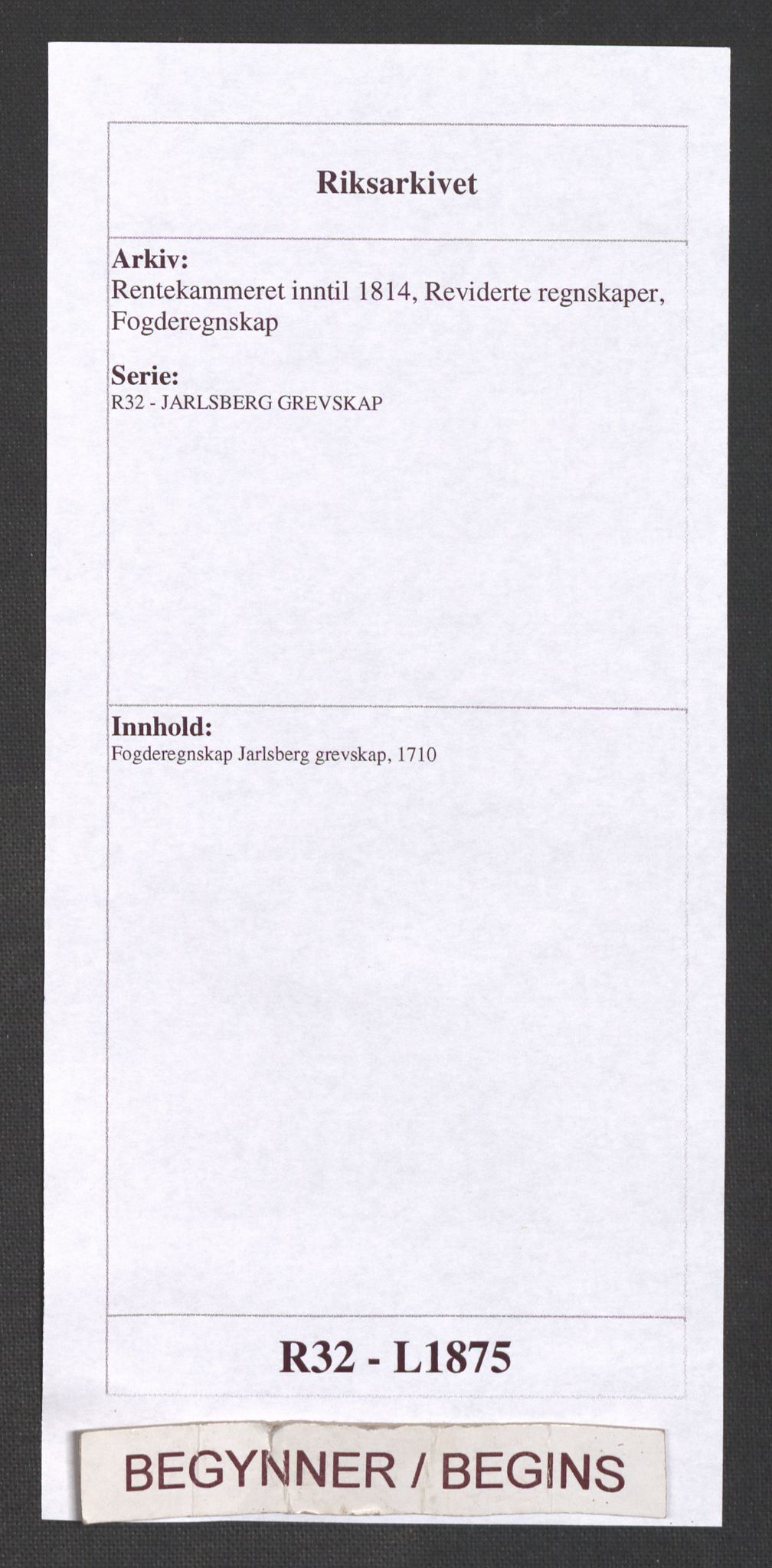 Rentekammeret inntil 1814, Reviderte regnskaper, Fogderegnskap, RA/EA-4092/R32/L1875: Fogderegnskap Jarlsberg grevskap, 1710, s. 1