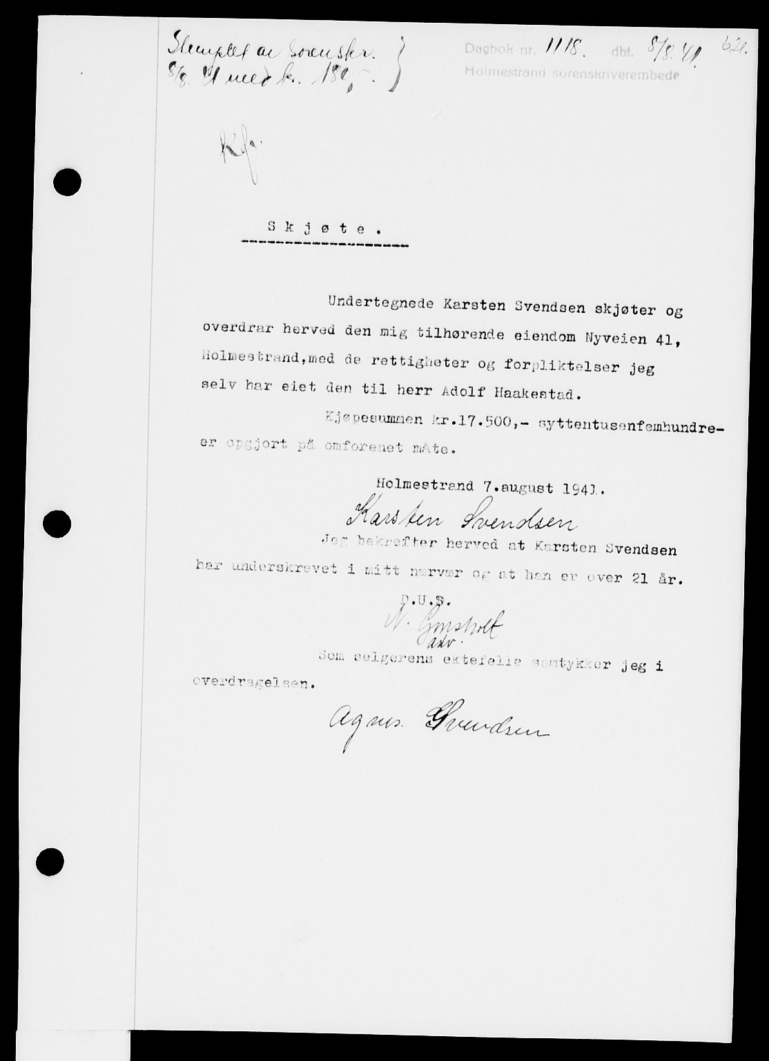 Holmestrand sorenskriveri, SAKO/A-67/G/Ga/Gaa/L0053: Pantebok nr. A-53, 1941-1941, Dagboknr: 1118/1941