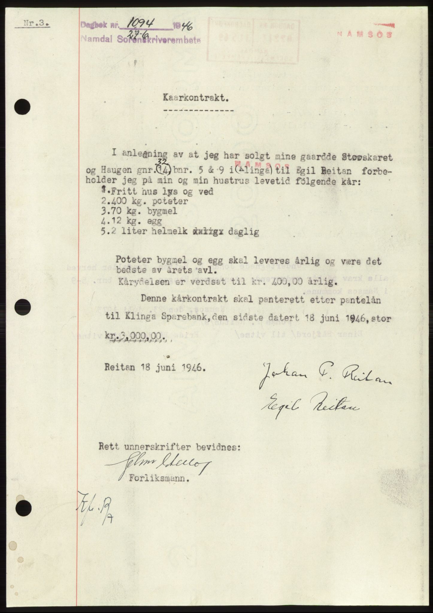 Namdal sorenskriveri, SAT/A-4133/1/2/2C: Pantebok nr. -, 1946-1946, Dagboknr: 1094/1946