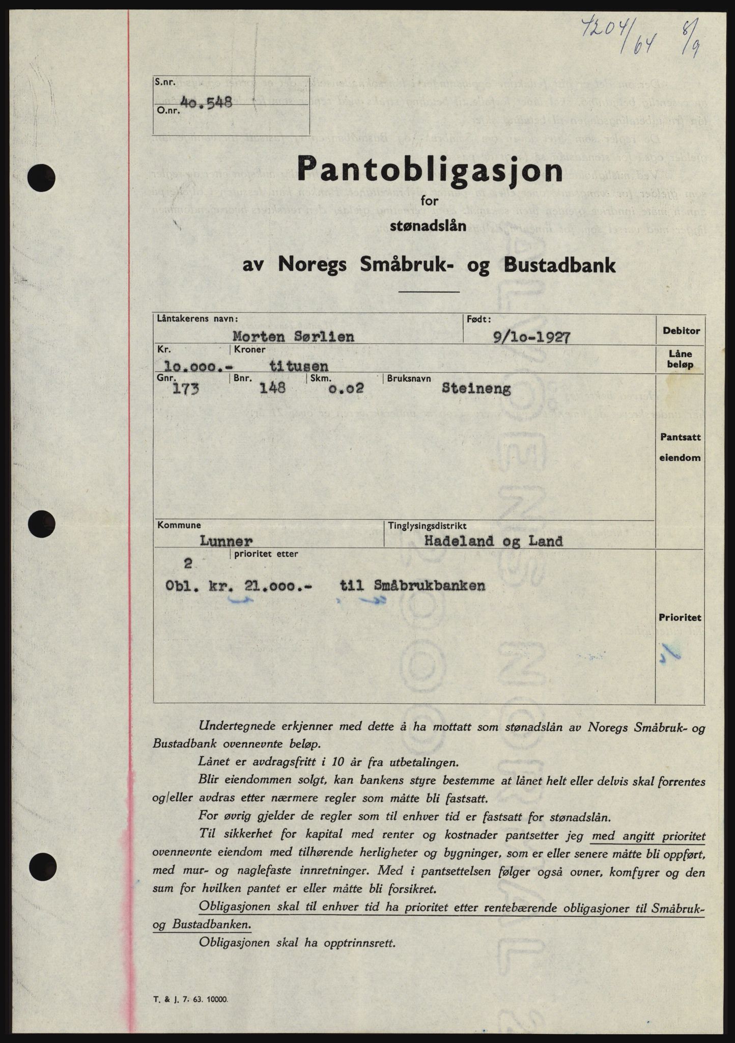 Hadeland og Land tingrett, SAH/TING-010/H/Hb/Hbc/L0056: Pantebok nr. B56, 1964-1964, Dagboknr: 4204/1964