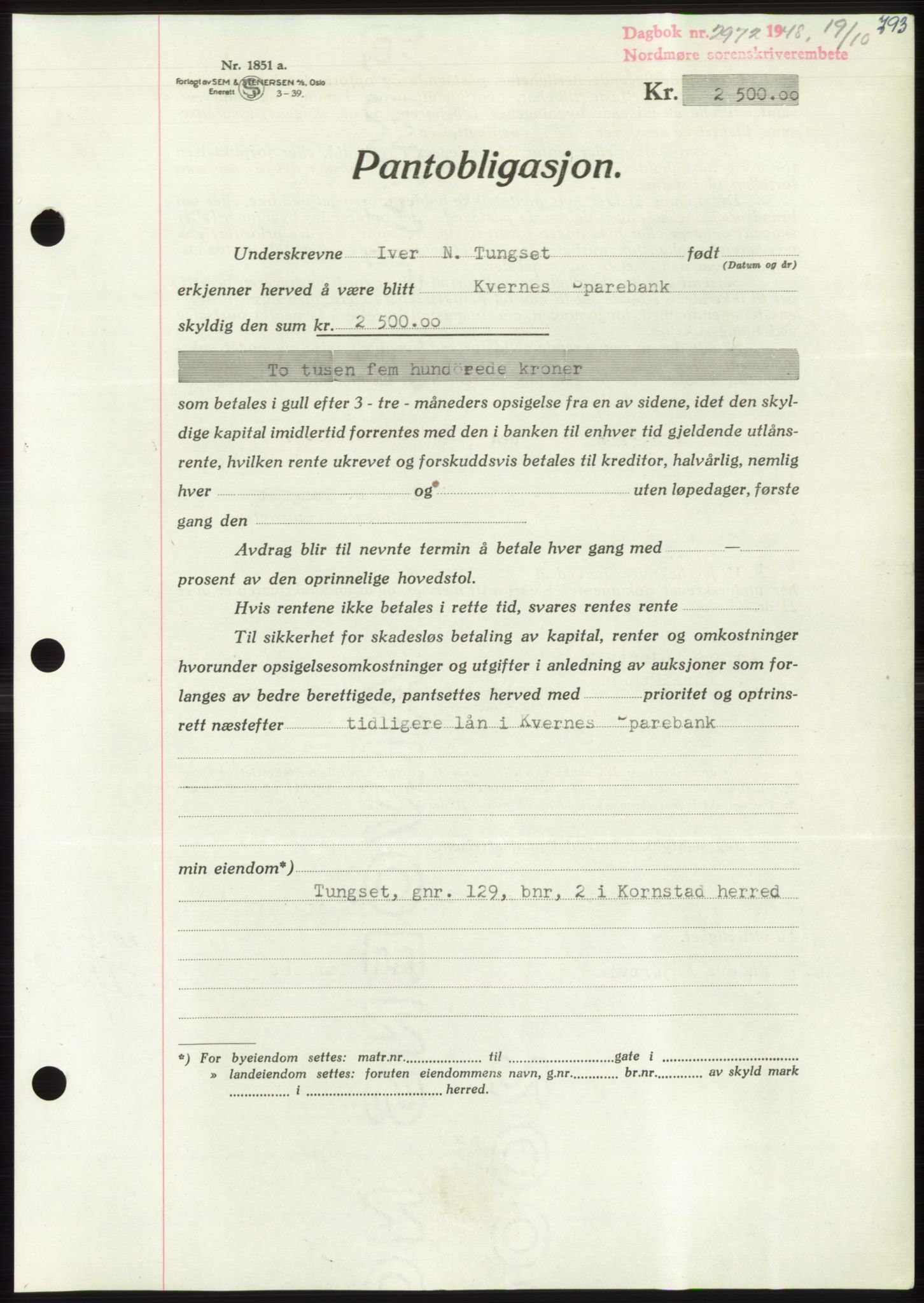 Nordmøre sorenskriveri, SAT/A-4132/1/2/2Ca: Pantebok nr. B99, 1948-1948, Dagboknr: 2972/1948