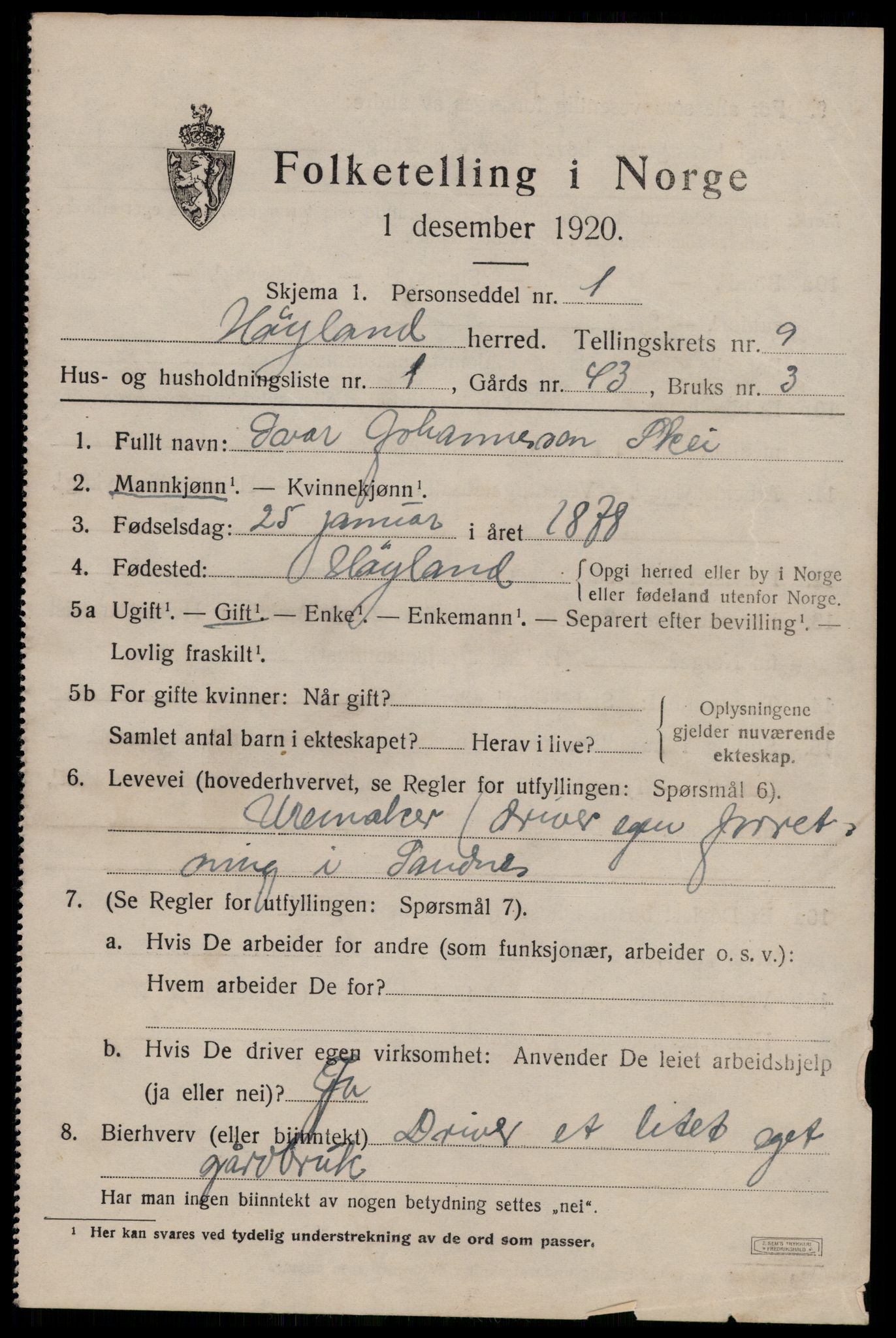 SAST, Folketelling 1920 for 1123 Høyland herred, 1920, s. 6060