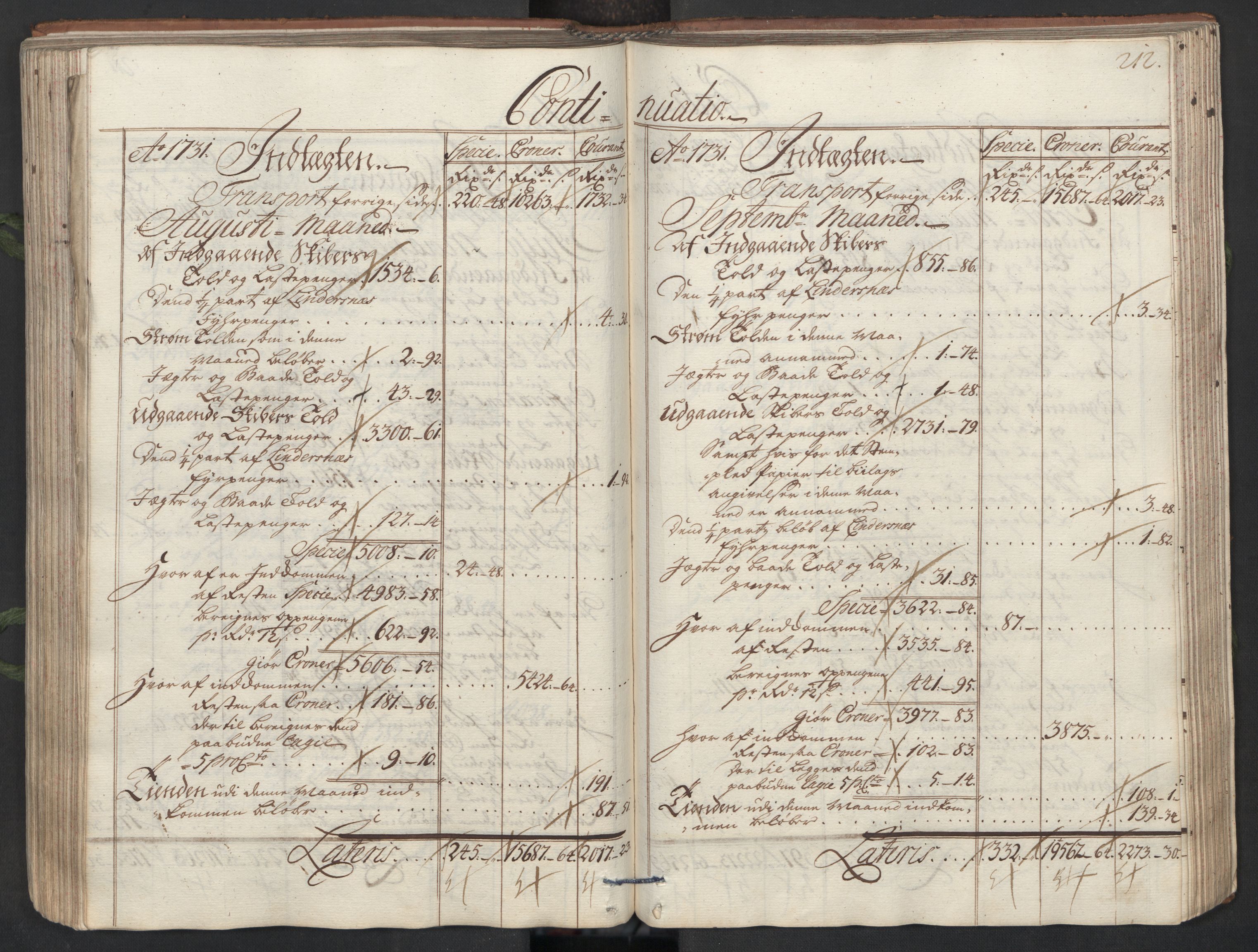 Generaltollkammeret, tollregnskaper, AV/RA-EA-5490/R26/L0017/0001: Tollregnskaper Bergen A / Utgående hovedtollbok, 1731, s. 211b-212a