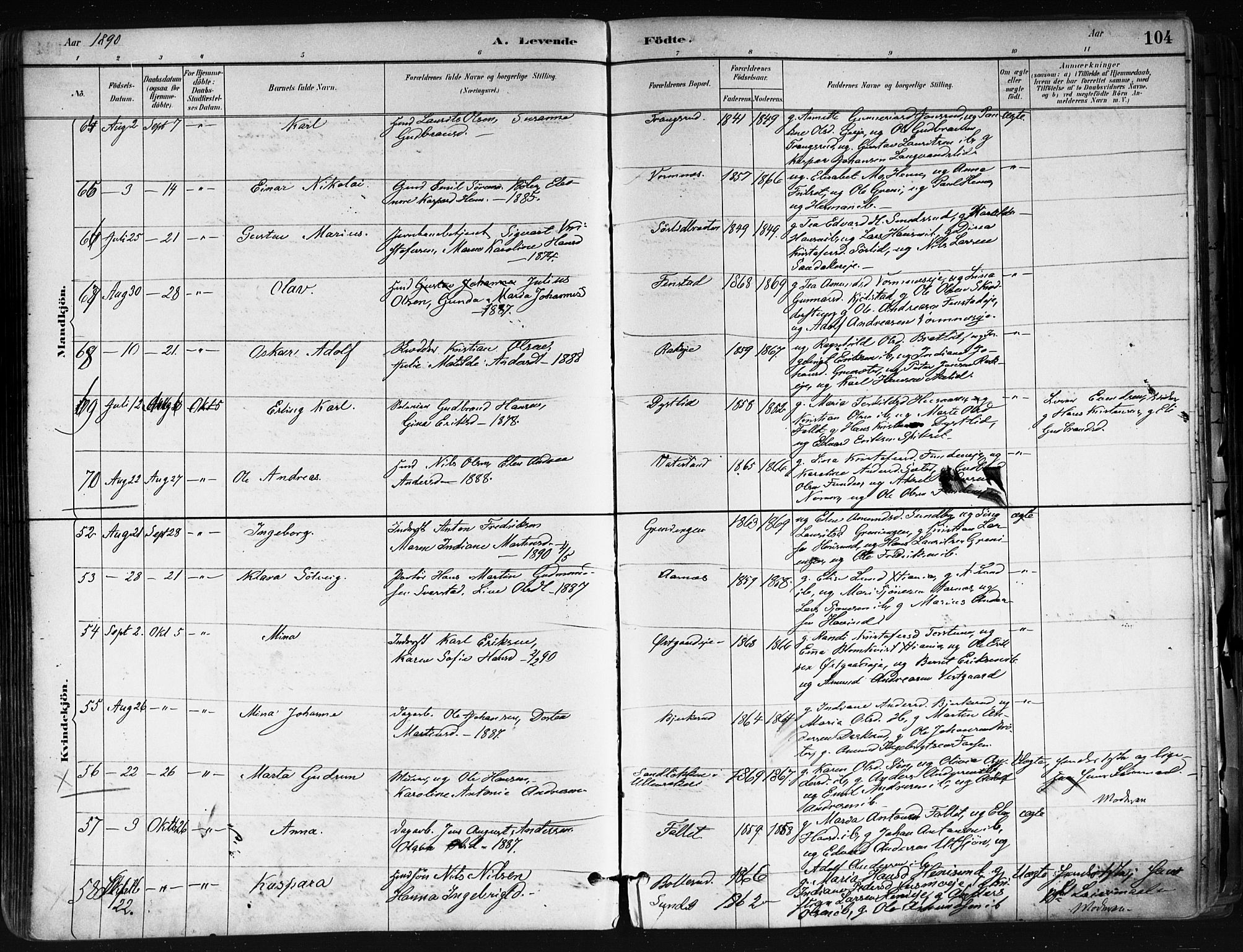 Nes prestekontor Kirkebøker, AV/SAO-A-10410/F/Fa/L0010: Ministerialbok nr. I 10, 1883-1898, s. 104