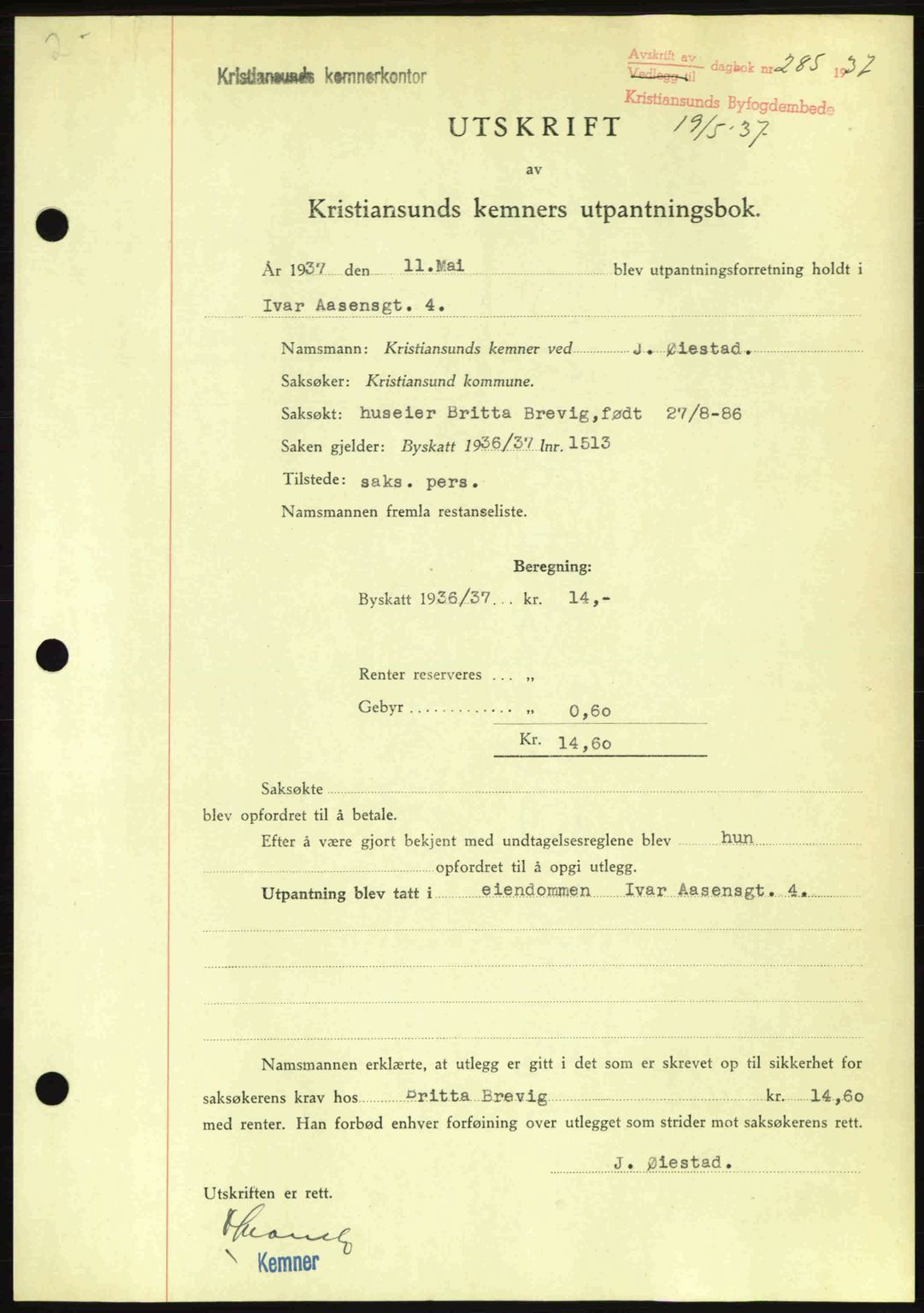 Kristiansund byfogd, SAT/A-4587/A/27: Pantebok nr. 29, 1936-1937, Dagboknr: 285/1937