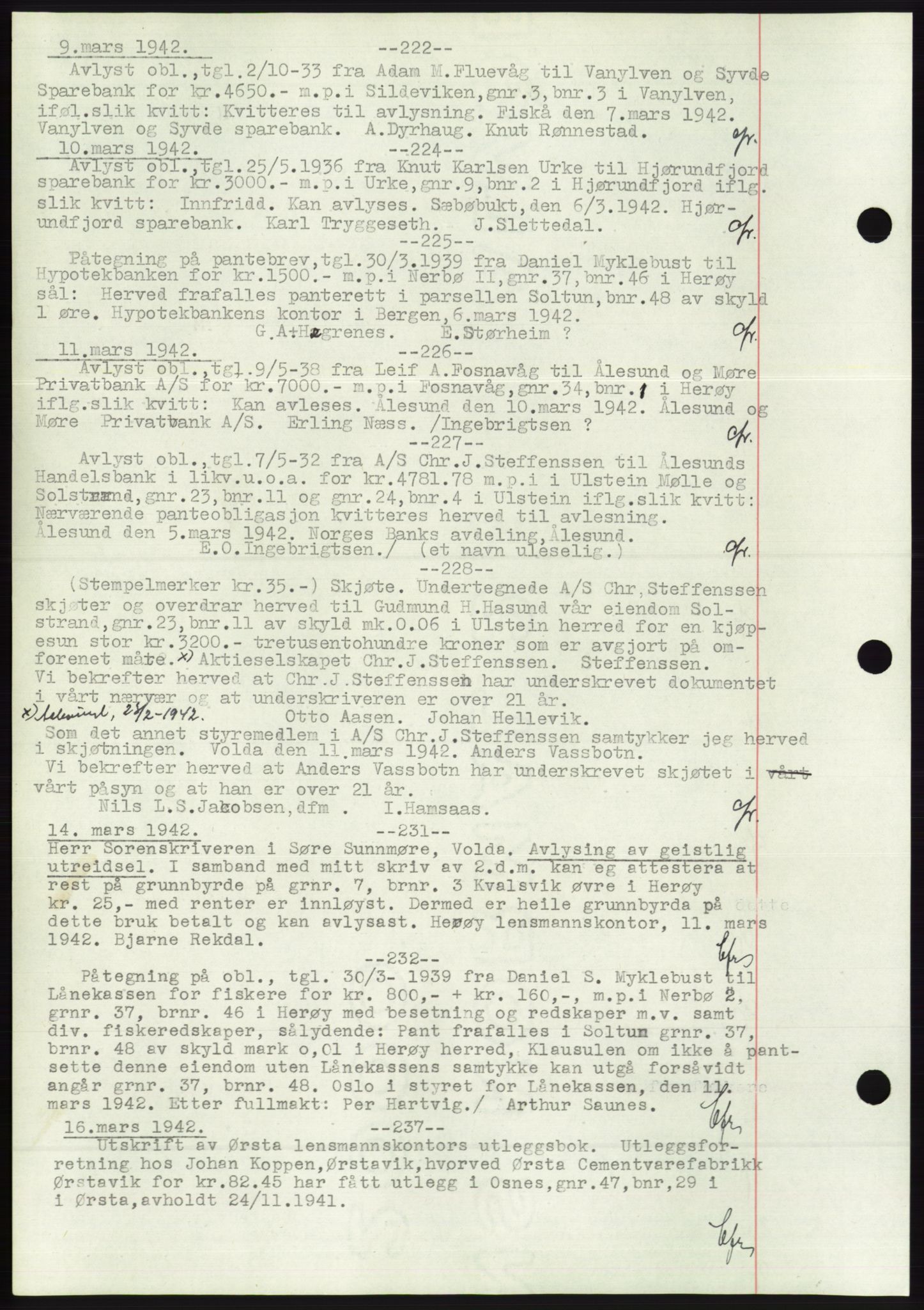 Søre Sunnmøre sorenskriveri, AV/SAT-A-4122/1/2/2C/L0072: Pantebok nr. 66, 1941-1955, Dagboknr: 222/1942