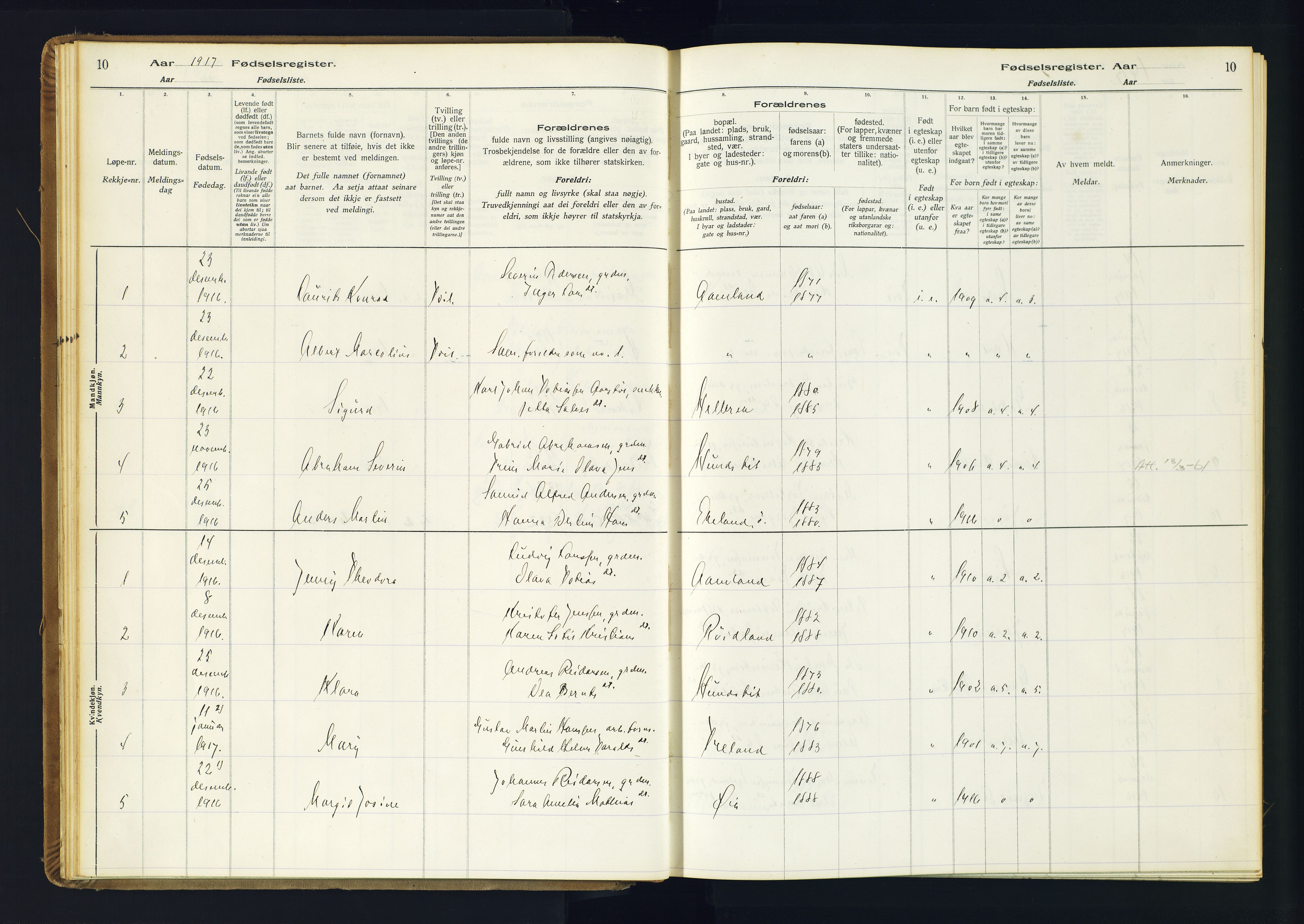 Kvinesdal sokneprestkontor, SAK/1111-0026/J/Ja/L0001: Fødselsregister nr. 1, 1916-1941, s. 10