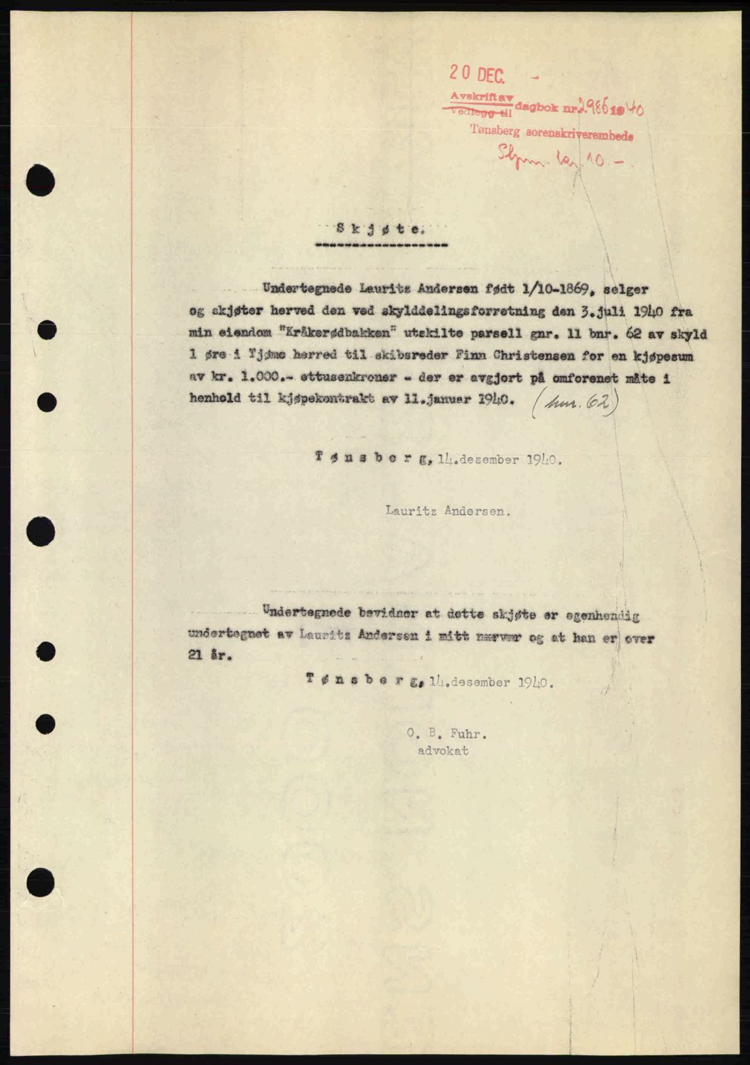 Tønsberg sorenskriveri, AV/SAKO-A-130/G/Ga/Gaa/L0009: Pantebok nr. A9, 1940-1941, Dagboknr: 2985/1940