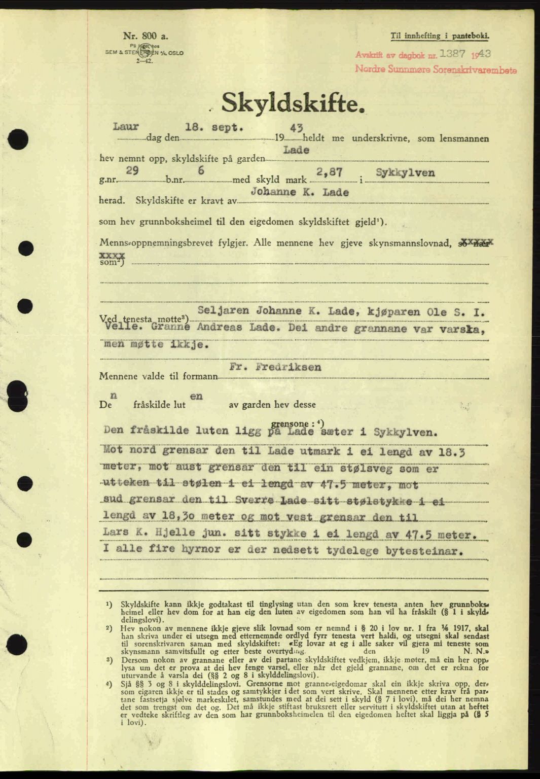 Nordre Sunnmøre sorenskriveri, SAT/A-0006/1/2/2C/2Ca: Pantebok nr. A16, 1943-1943, Dagboknr: 1387/1943