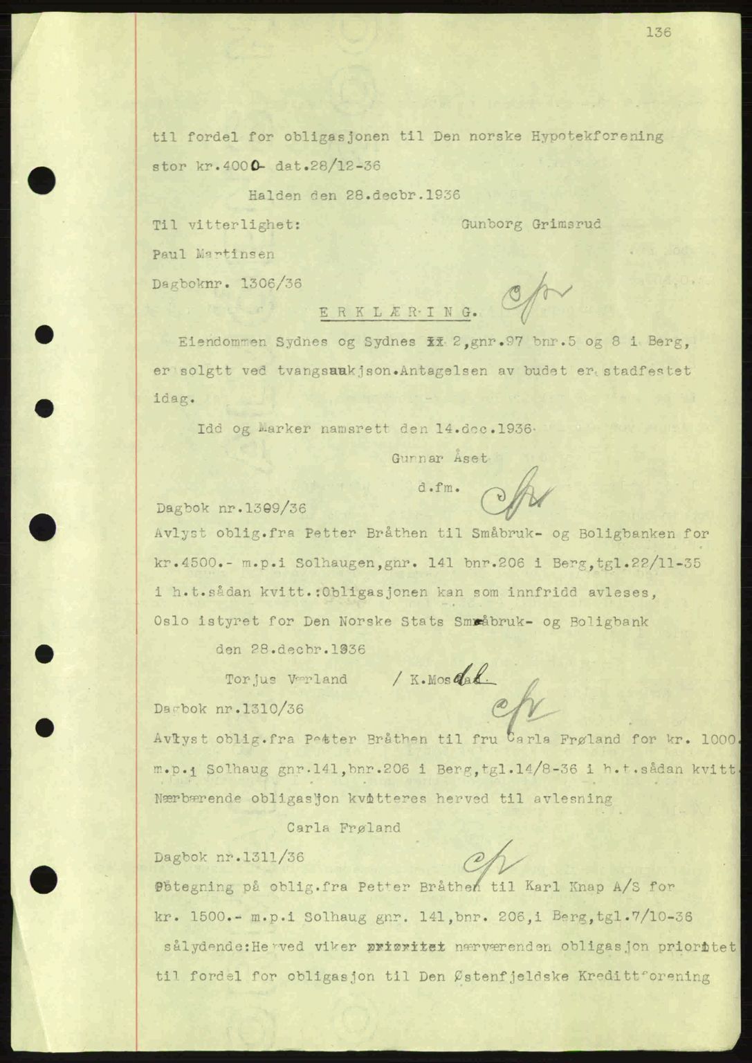 Idd og Marker sorenskriveri, AV/SAO-A-10283/G/Gb/Gbc/L0001: Pantebok nr. B1-3, 1936-1939, Dagboknr: 1306/1936
