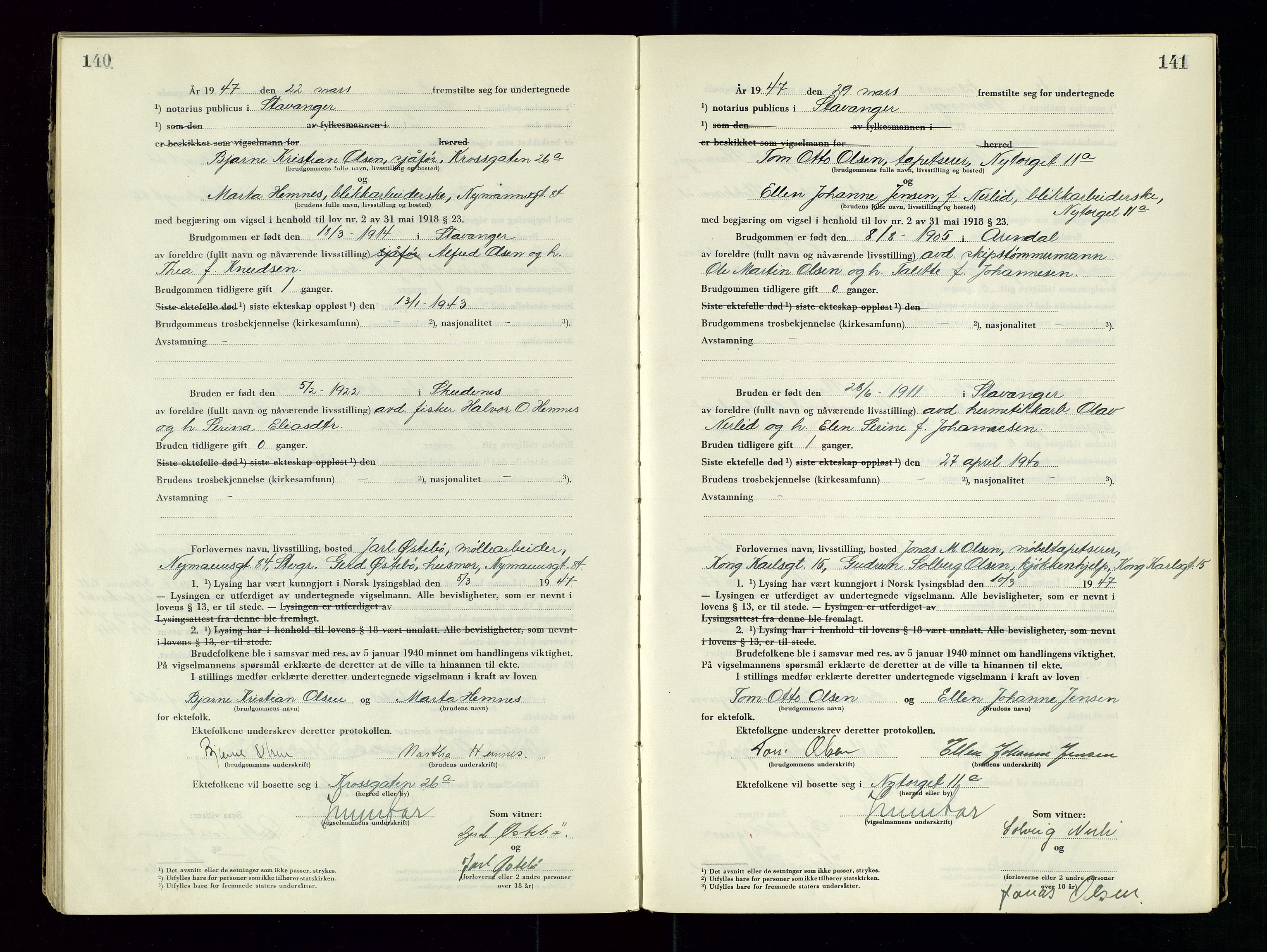 Stavanger byrett, AV/SAST-A-100455/001/6/62/62B/L0011: Vigselsprotokoll, 1946-1947, s. 140-141