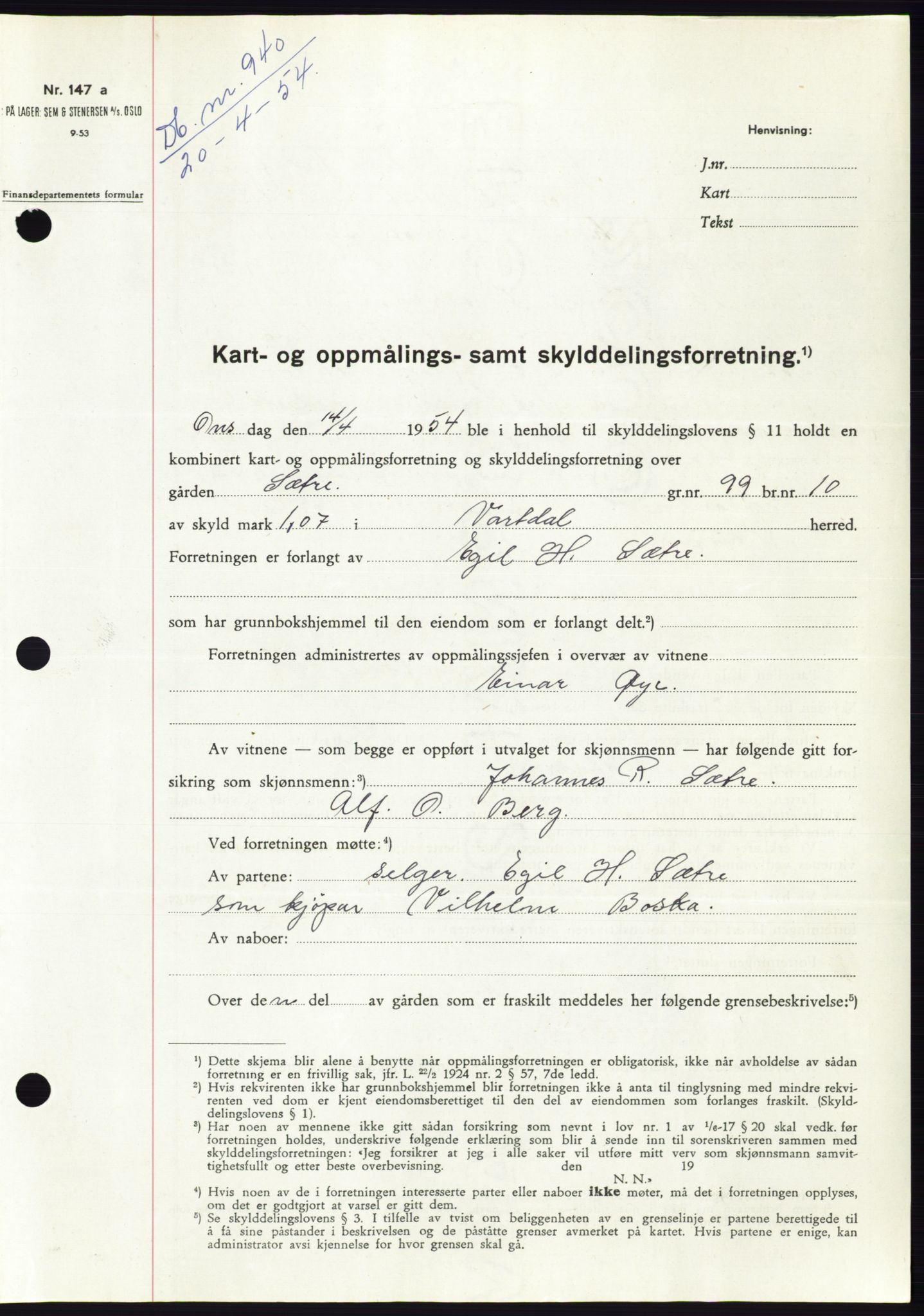 Søre Sunnmøre sorenskriveri, SAT/A-4122/1/2/2C/L0097: Pantebok nr. 23A, 1954-1954, Dagboknr: 940/1954