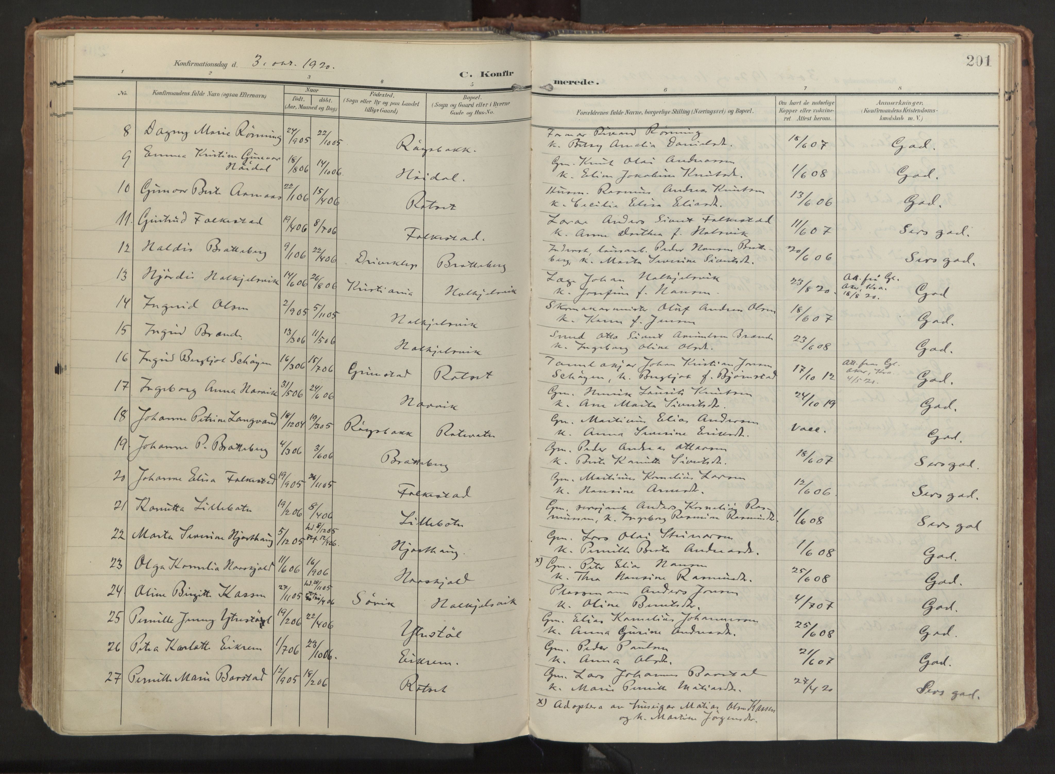Ministerialprotokoller, klokkerbøker og fødselsregistre - Møre og Romsdal, AV/SAT-A-1454/511/L0144: Ministerialbok nr. 511A11, 1906-1923, s. 201