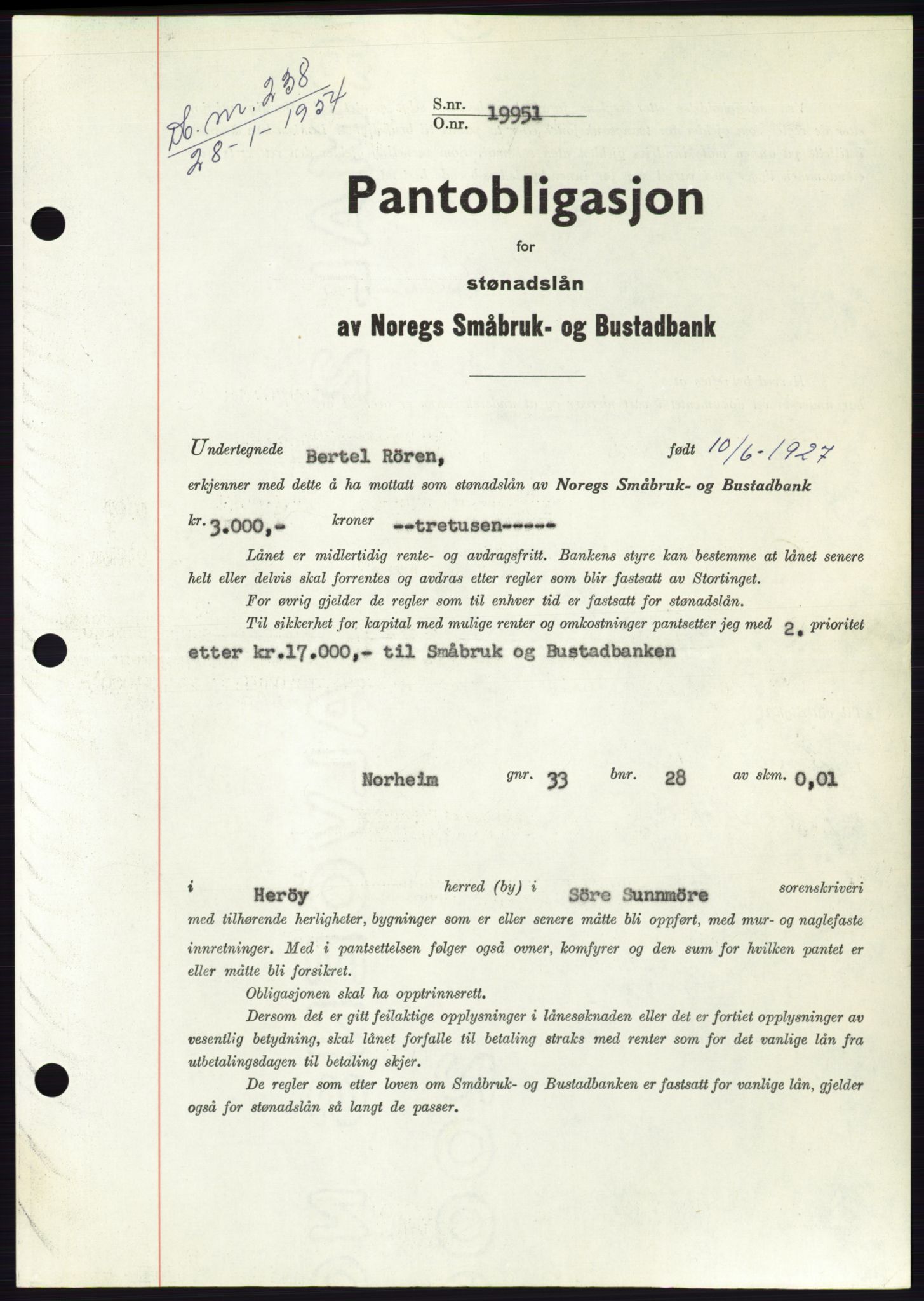 Søre Sunnmøre sorenskriveri, AV/SAT-A-4122/1/2/2C/L0124: Pantebok nr. 12B, 1953-1954, Dagboknr: 238/1954