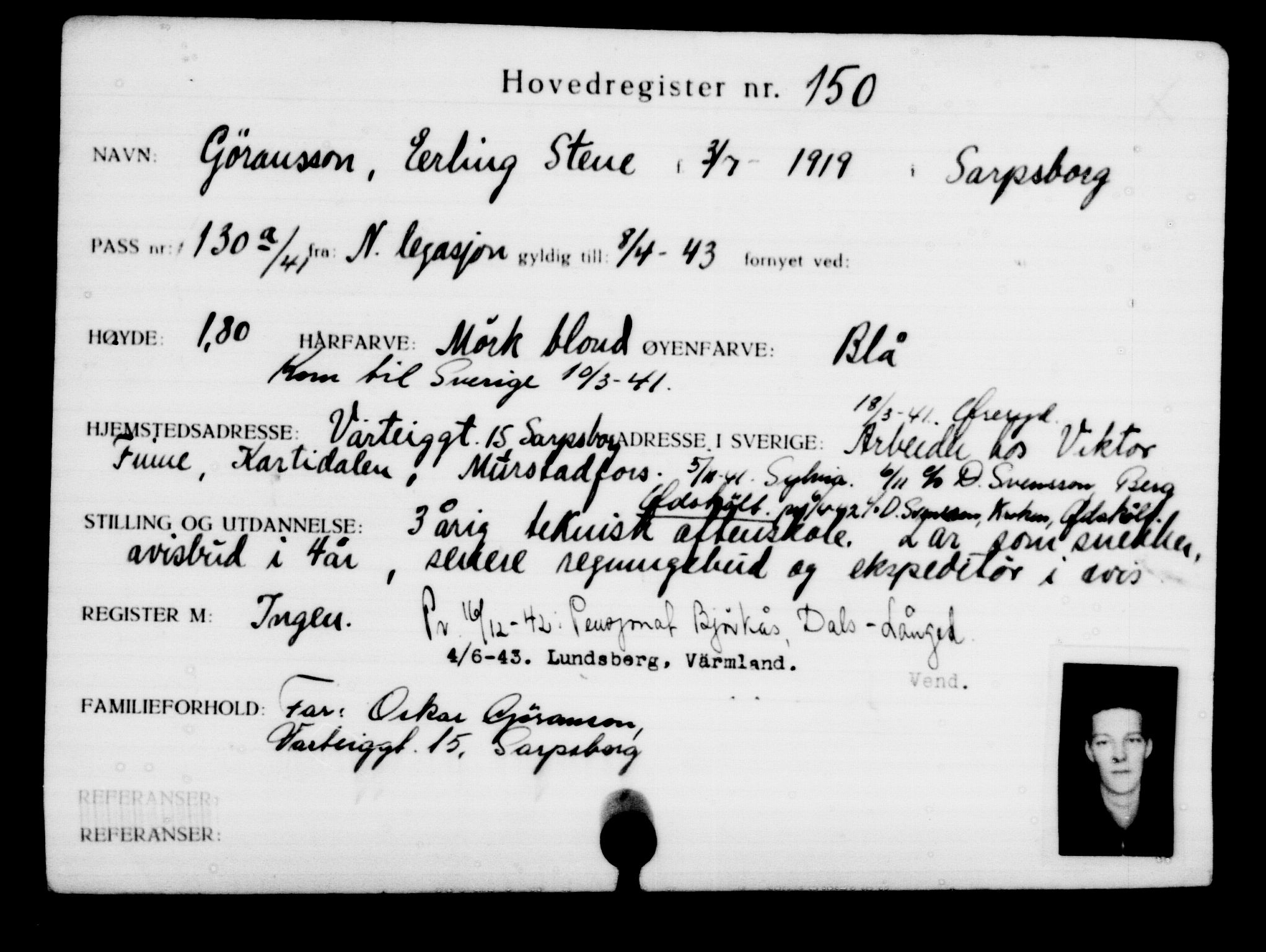 Utenriksstasjonene, Legasjonen i Stockholm, Flyktningkontoret, AV/RA-S-6753/V/Va/L0001: Kjesäterkartoteket, flyktninger med registreringsnr. 1-1000, 1940-1945, s. 242