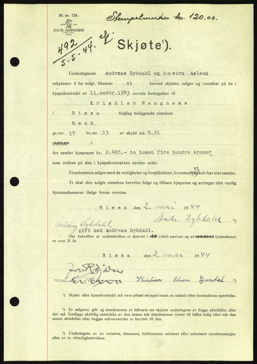 Fosen sorenskriveri, AV/SAT-A-1107/1/2/2C: Pantebok nr. A3, 1943-1945, Dagboknr: 492/1944