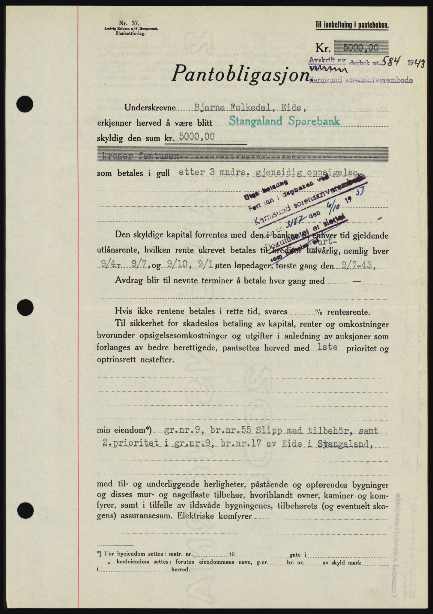 Karmsund sorenskriveri, SAST/A-100311/01/II/IIBBE/L0008: Pantebok nr. B 54, 1942-1943, Dagboknr: 584/1943