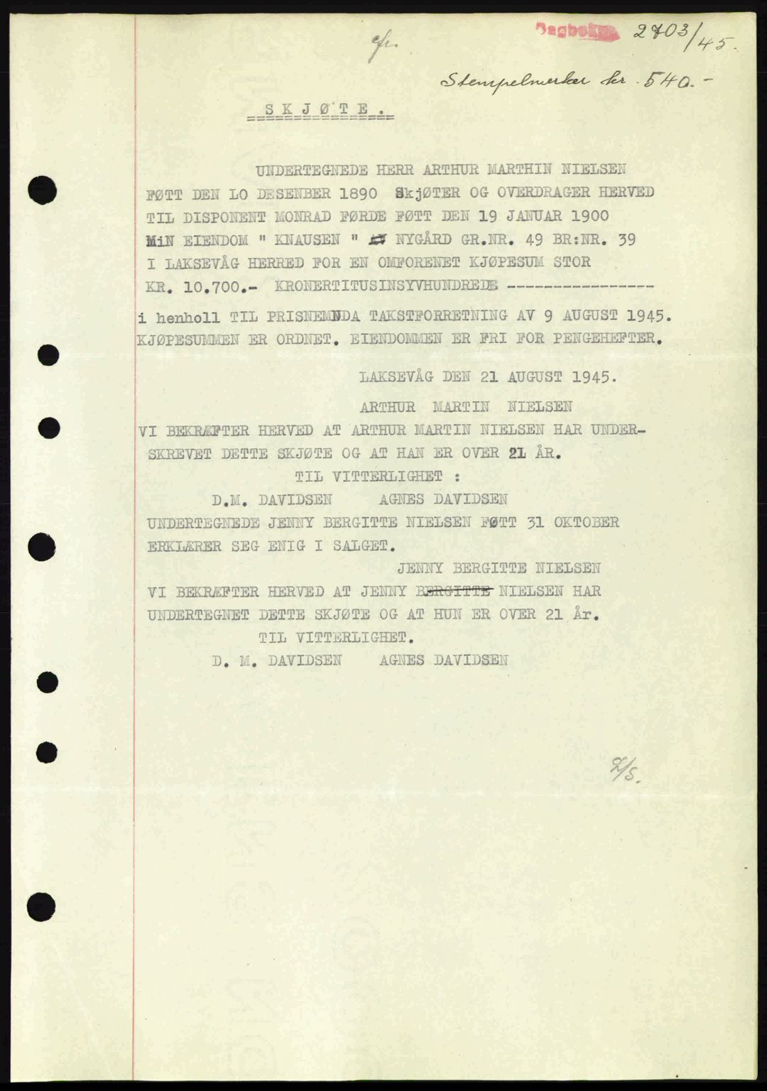 Midhordland sorenskriveri, SAB/A-3001/1/G/Gb/Gbk/L0008: Pantebok nr. A36-41, 1944-1945, Dagboknr: 2703/1945