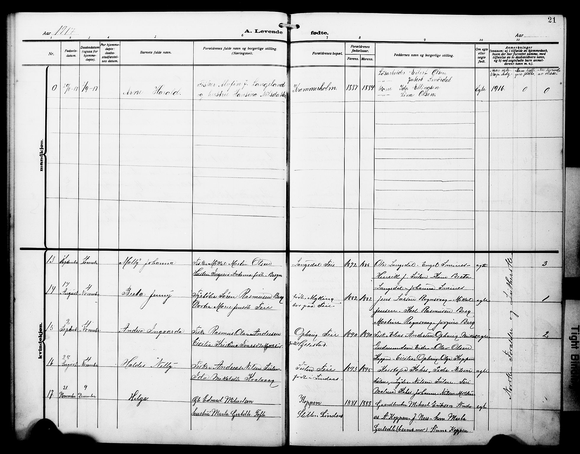 Lindås Sokneprestembete, AV/SAB-A-76701/H/Hab/Habd/L0004: Klokkerbok nr. D 4, 1913-1928, s. 21