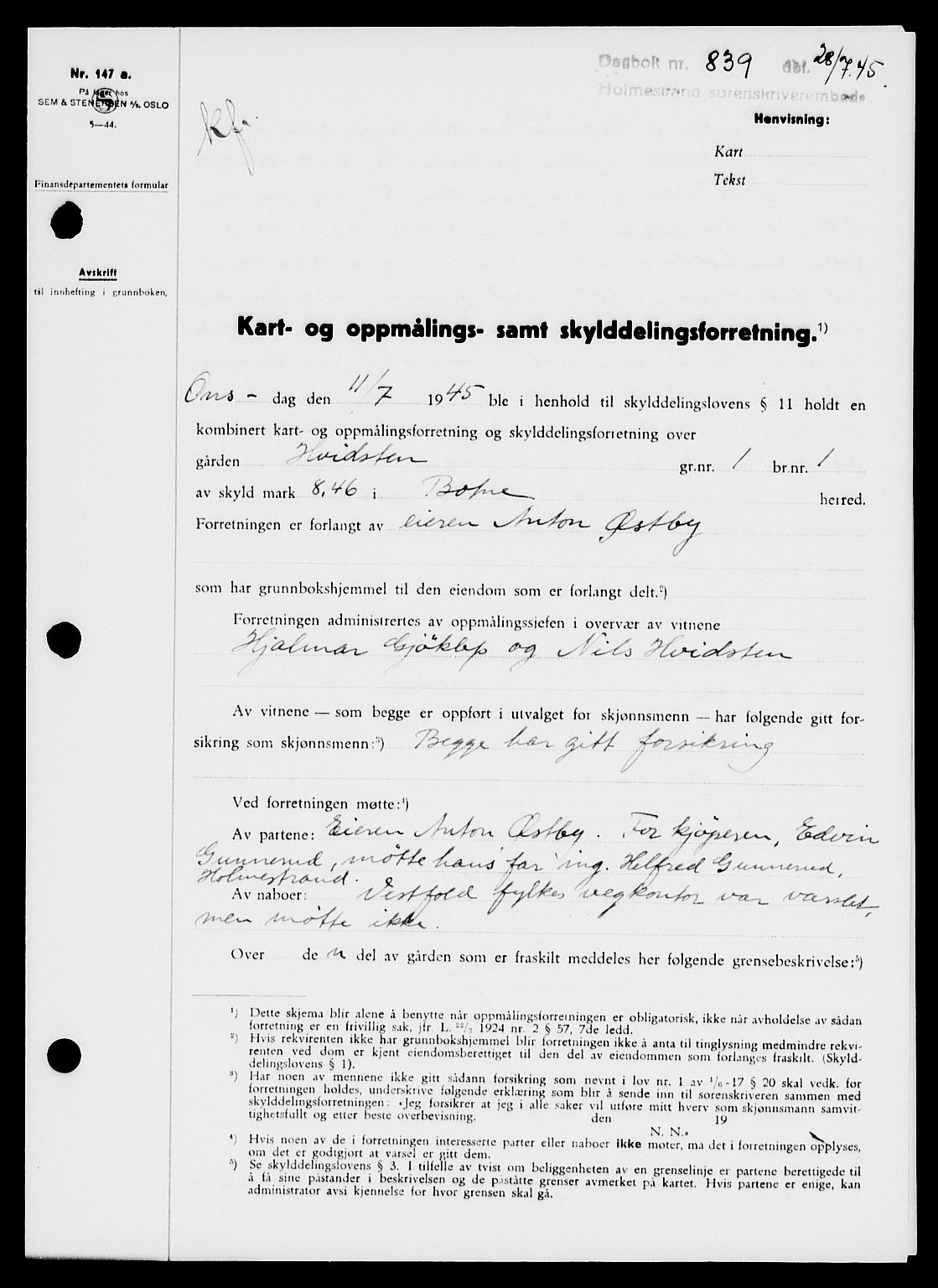 Holmestrand sorenskriveri, SAKO/A-67/G/Ga/Gaa/L0059: Pantebok nr. A-59, 1945-1946, Dagboknr: 839/1945