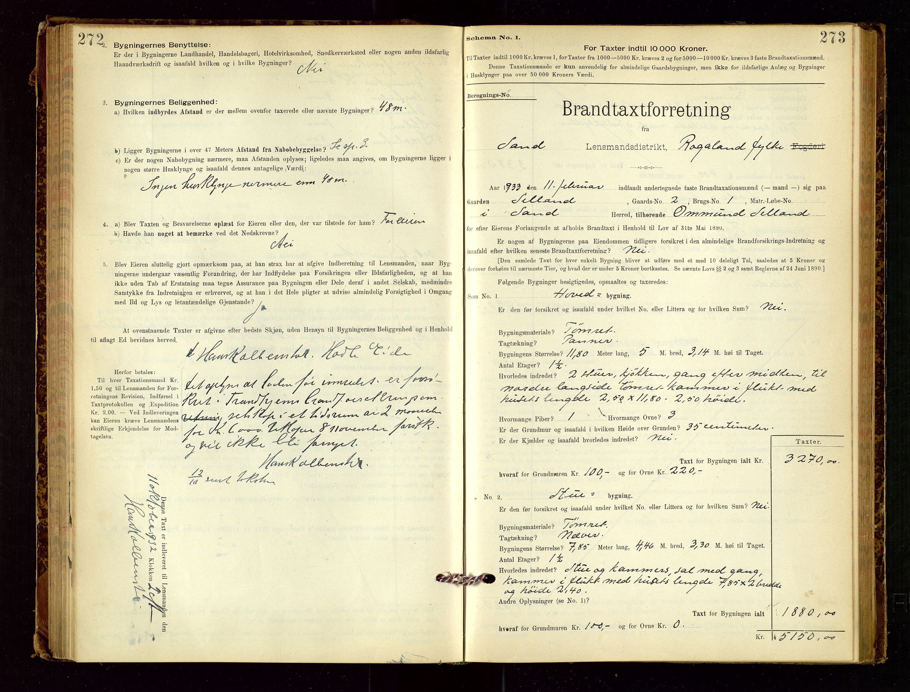 Sand lensmannskontor, AV/SAST-A-100415/Goc/L0001: "Brandtaxationsprotokol", 1895-1935, s. 272-273