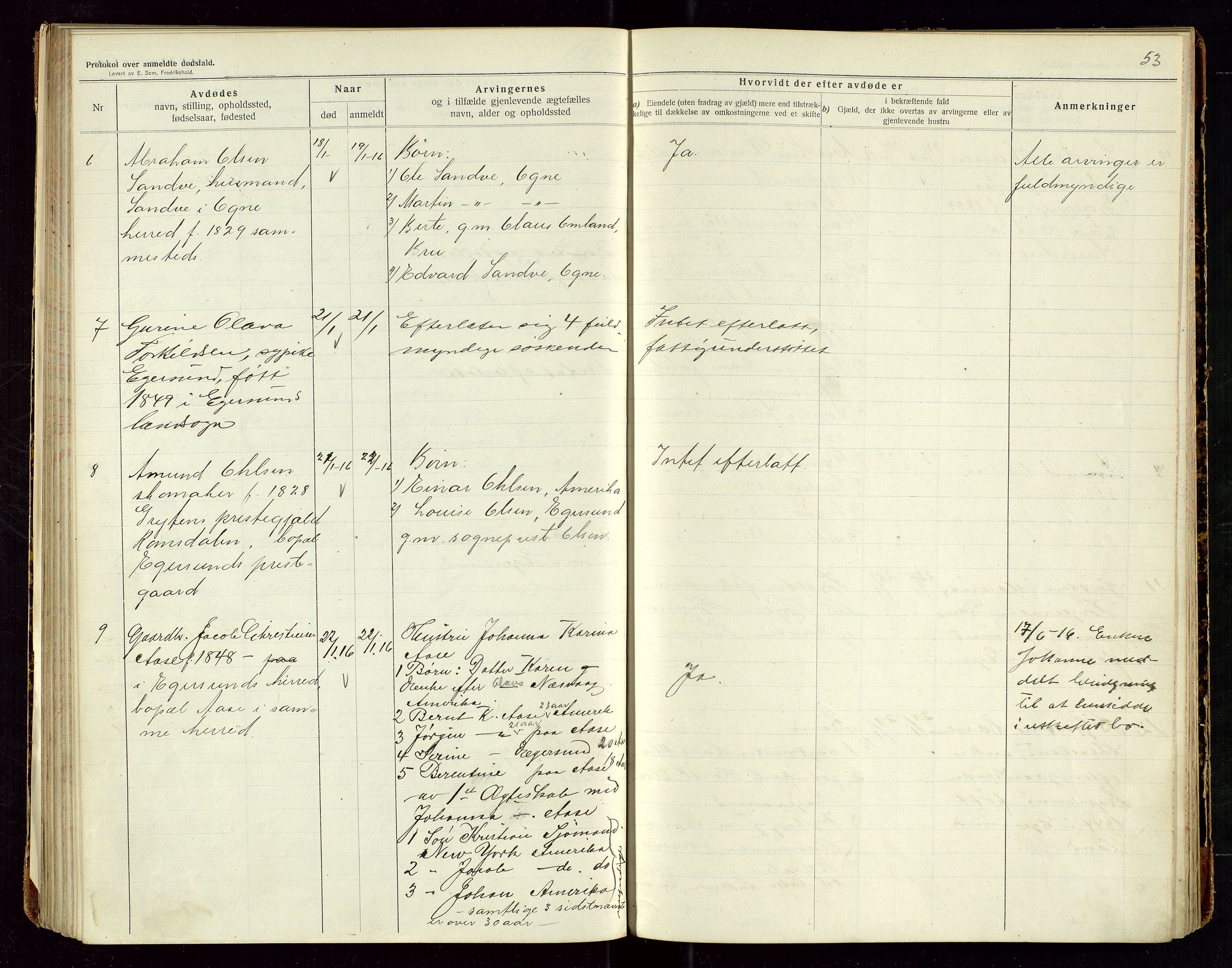 Eigersund lensmannskontor, SAST/A-100171/Gga/L0006: "Protokol over anmeldte dødsfald" m/alfabetisk navneregister, 1914-1917, s. 53