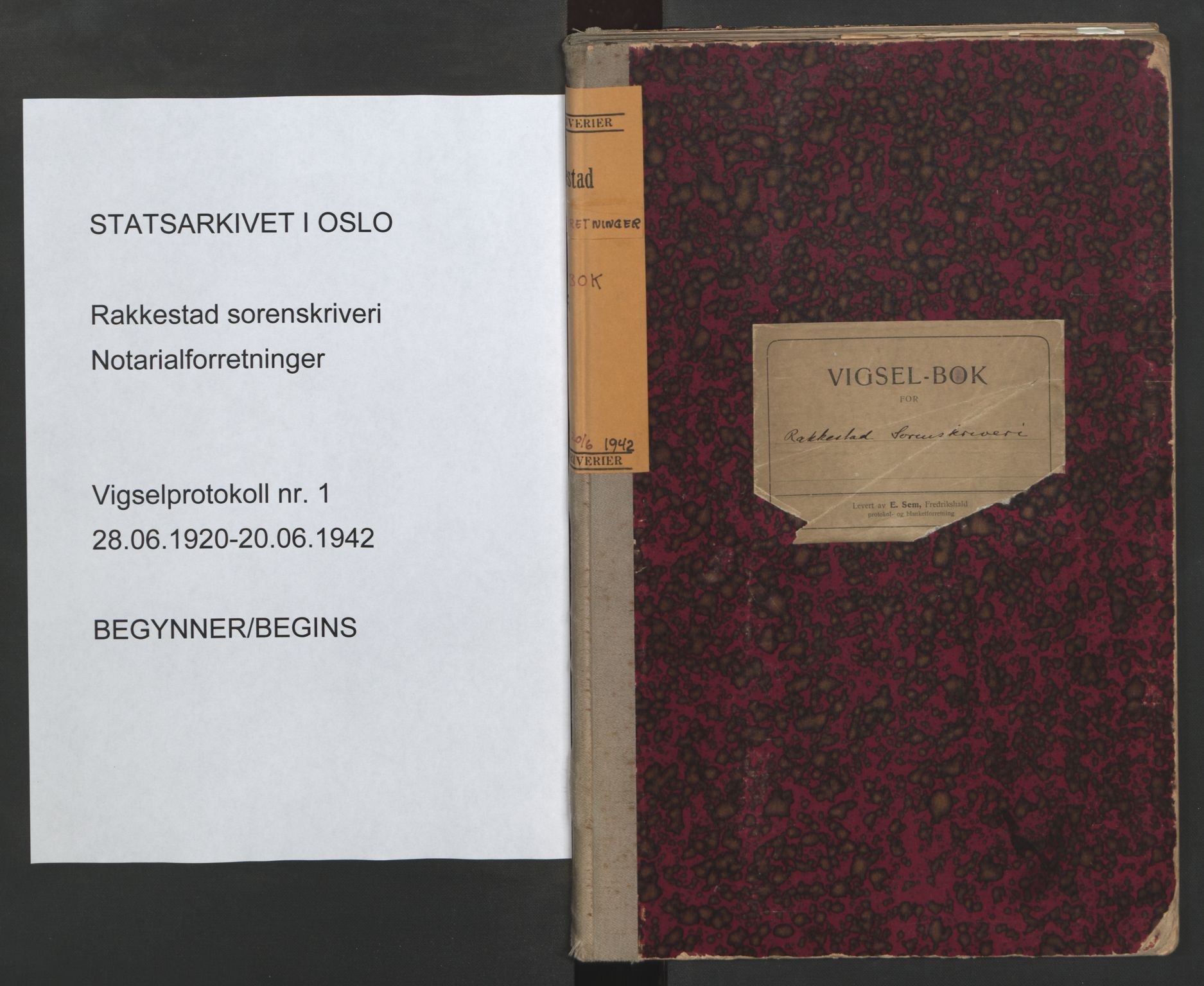 Rakkestad sorenskriveri, SAO/A-10686/L/Lc/Lca/L0001: Vigselbøker, 1920-1942