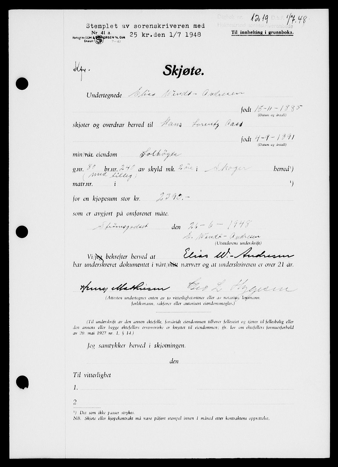 Holmestrand sorenskriveri, SAKO/A-67/G/Ga/Gaa/L0064: Pantebok nr. A-64, 1948-1948, Dagboknr: 1219/1948