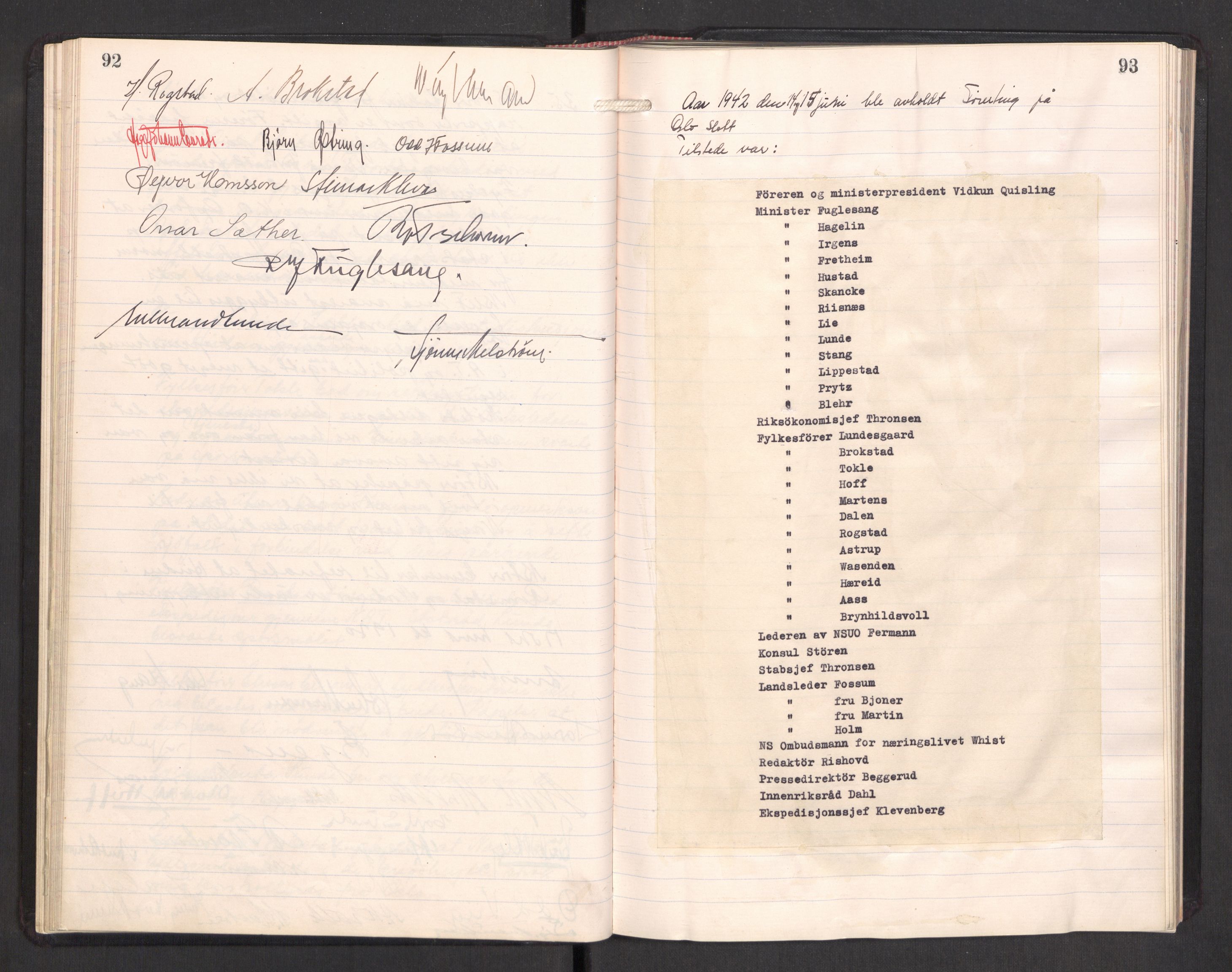Nasjonal Samling (NS) Generalsekretariat, AV/RA-PA-0759/A/L0117: NS Riks- og Rådsmøteprotokoll, 1934-1945, s. 92-93